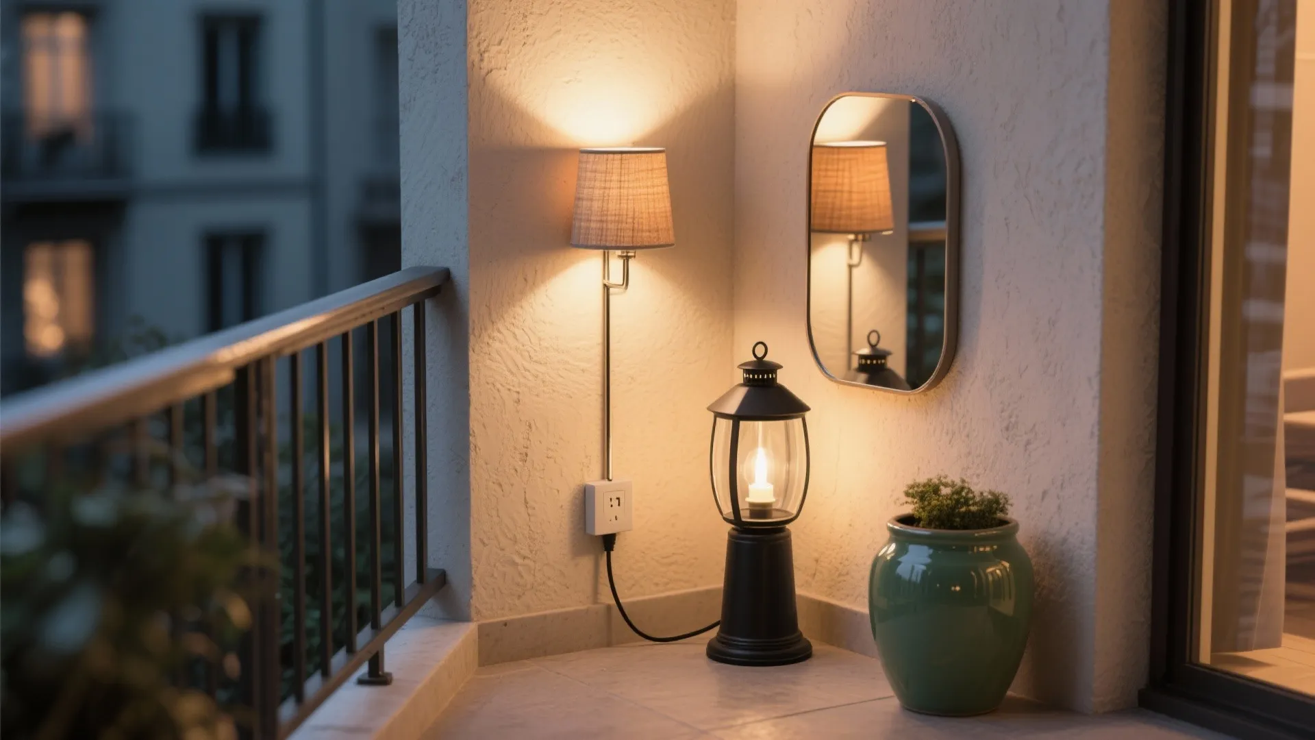Balcony corner with a wall light, small mirror, floor lantern, and a green plant pot
