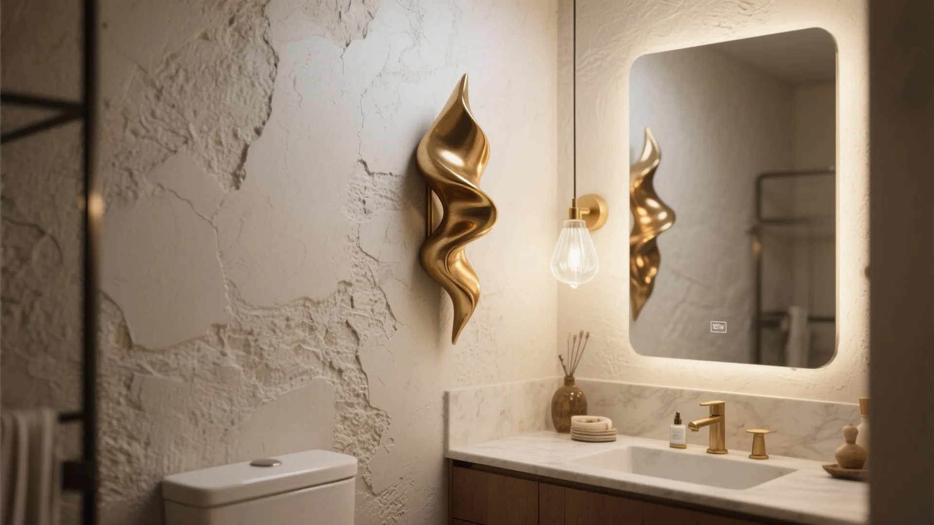Elegant bathroom vanity featuring gold wavy wall light, backlit mirror, gold faucet, and textured white walls