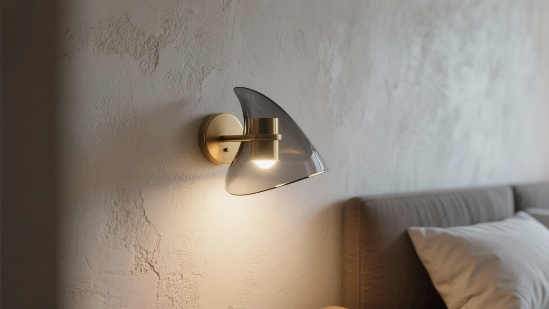 Modern wall light with gold base and dark glass shade mounted on a white wall