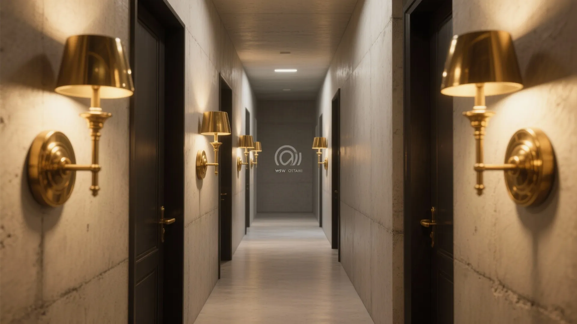 Long narrow hallway featuring gold wall lights concrete walls dark doors and soft ceiling light