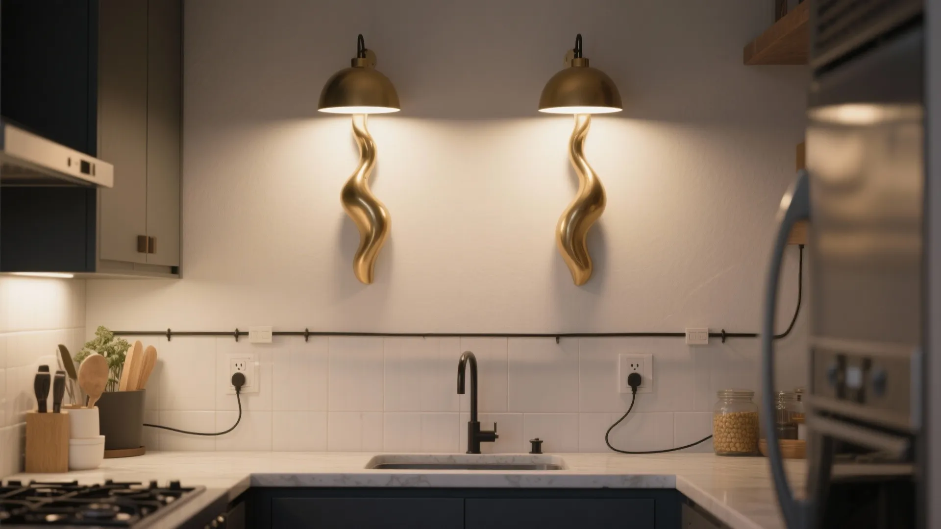 Statement sconces as art in a small kitchen