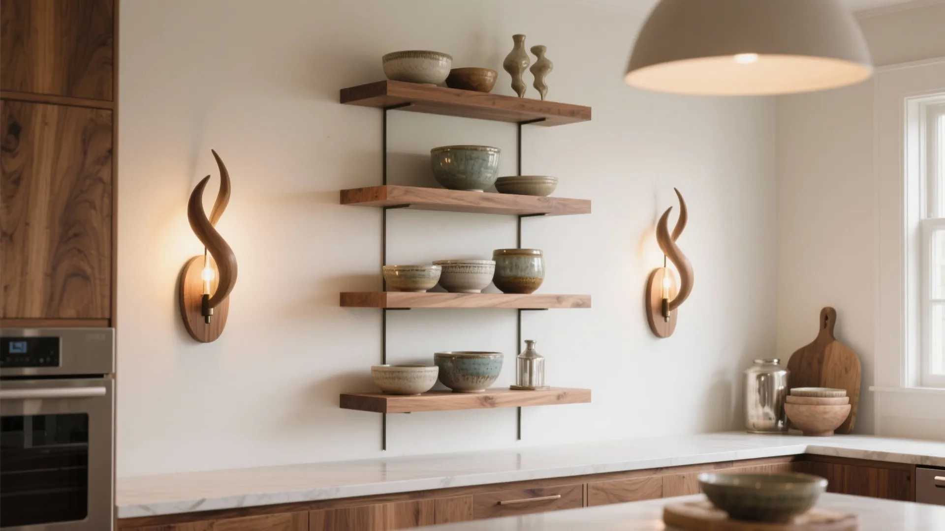 Statement sconces as jewelry on open shelving
