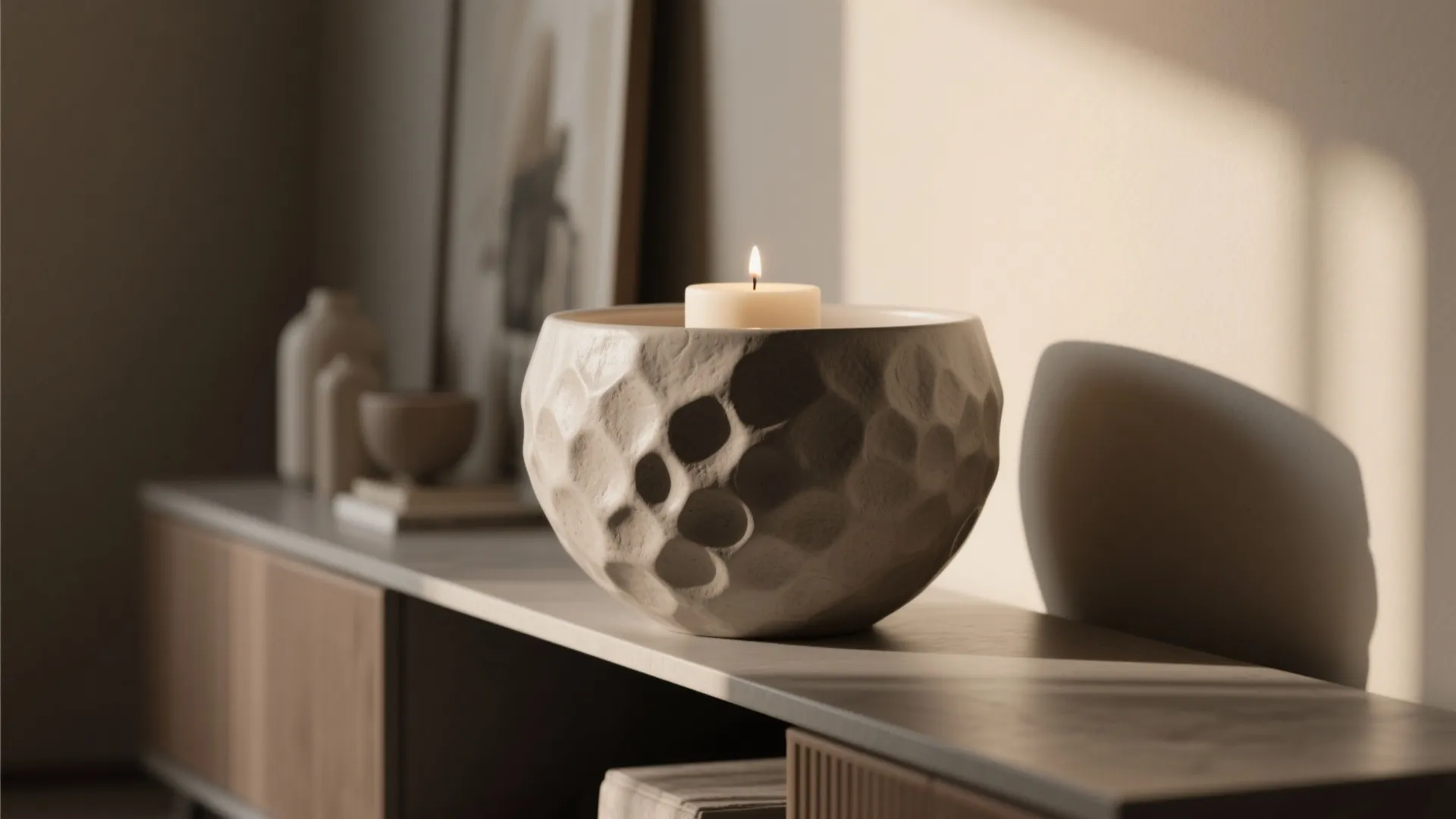 Detailed view of a textured stone bowl holding a lit candle on top of cabinet