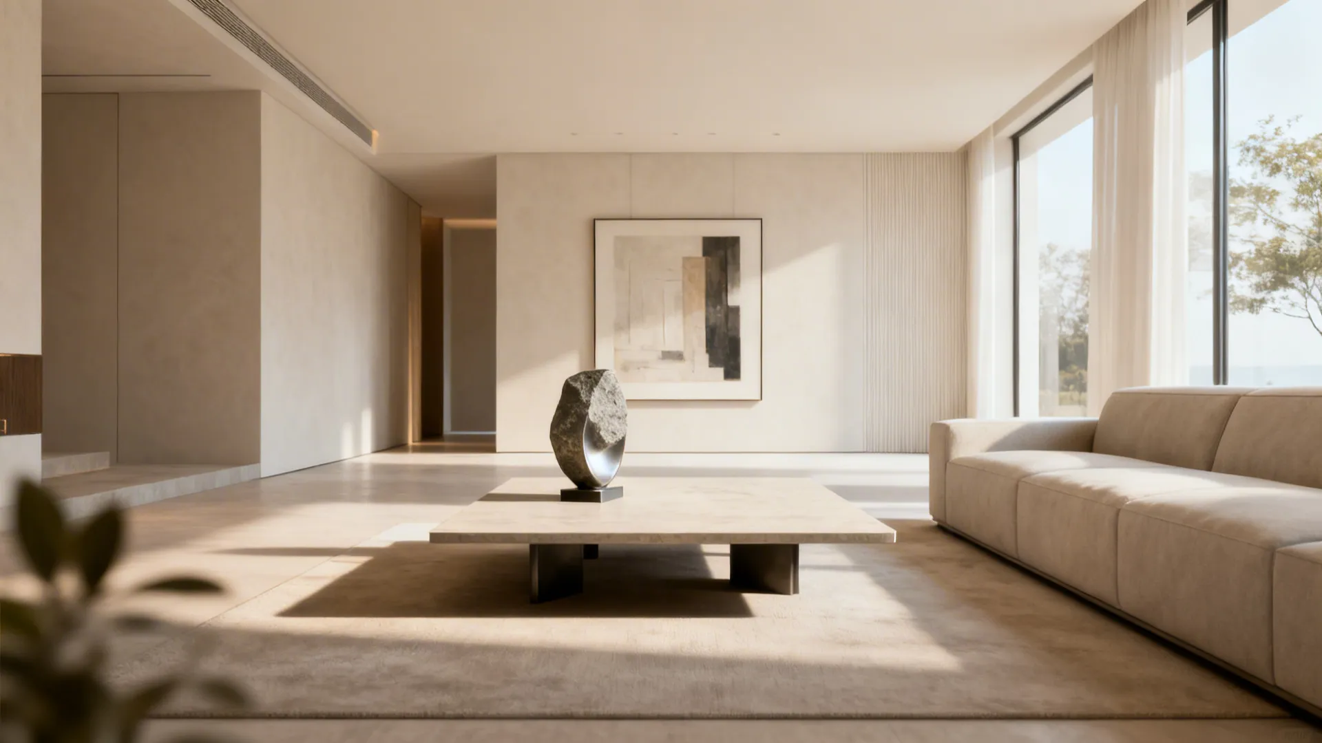 Minimalist living room with stone sculpture on coffee table beige sofa and large framed wall art