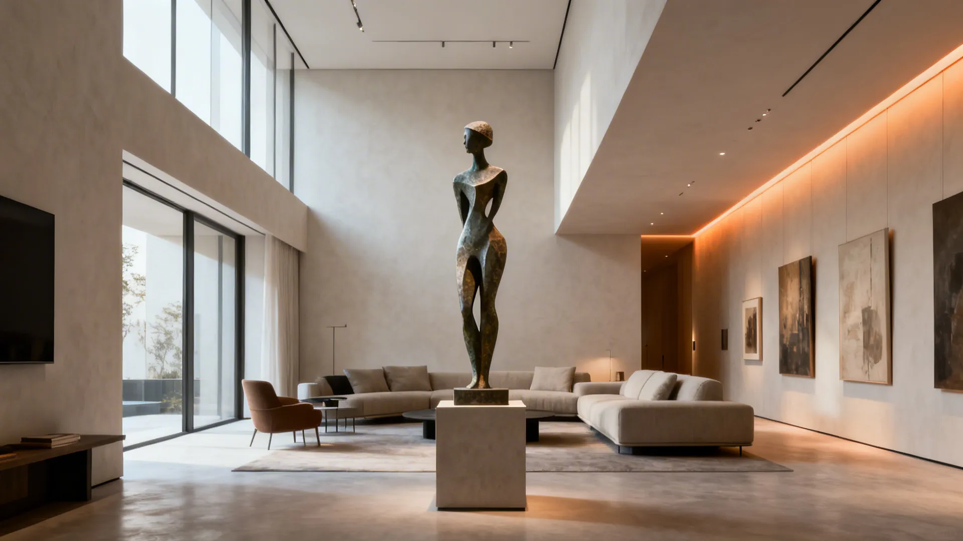 Living room with a tall abstract sculpture on a pedestal serving as the focal point.