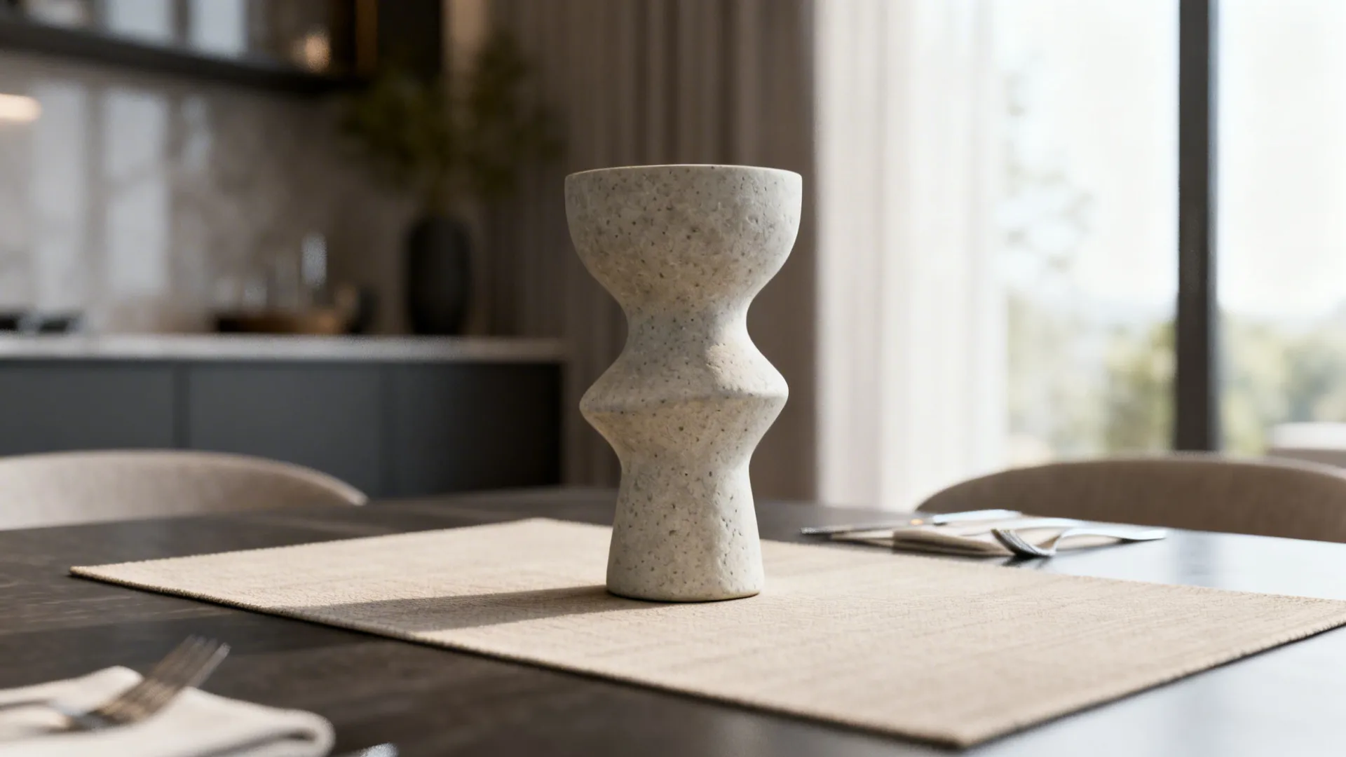 Modern stone sculpture standing on a beige placemat over a dark wooden dining table surface