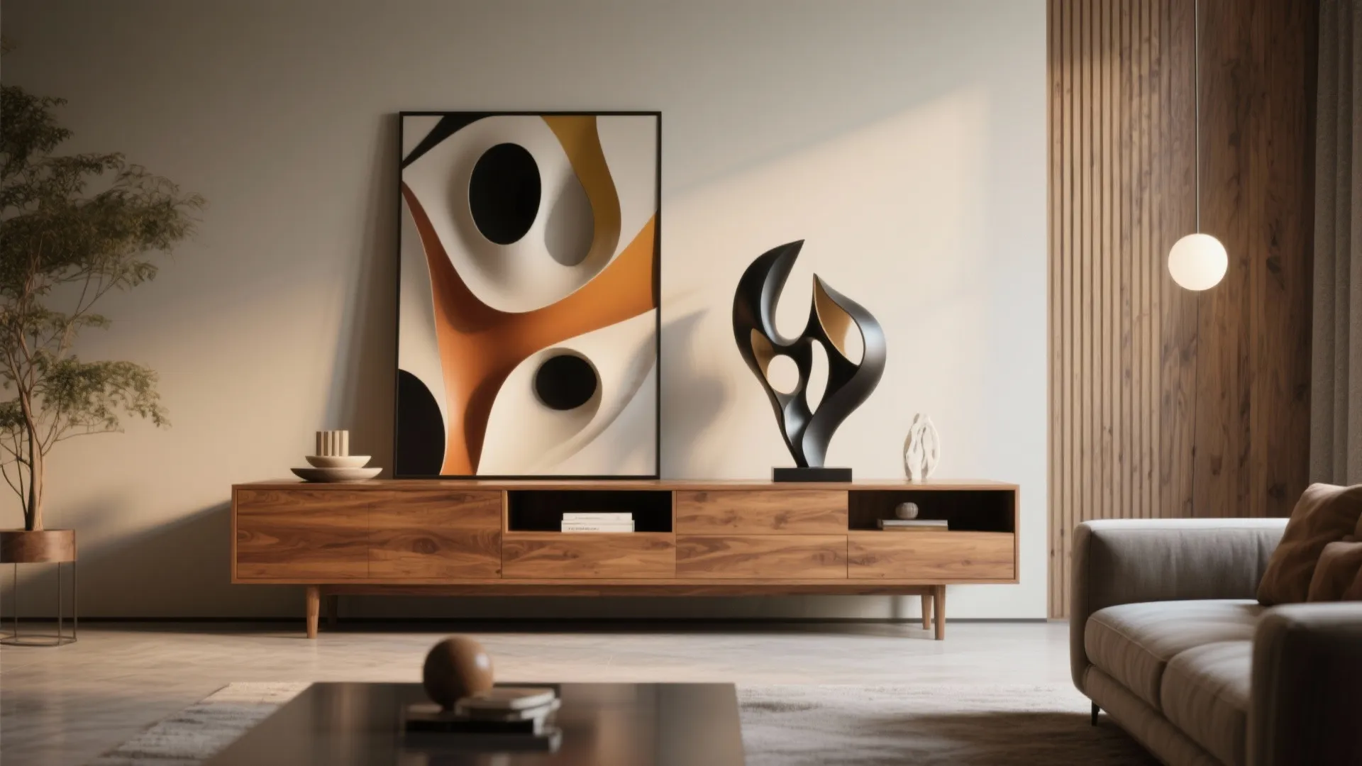 Console with bold abstract sculpture as focal point