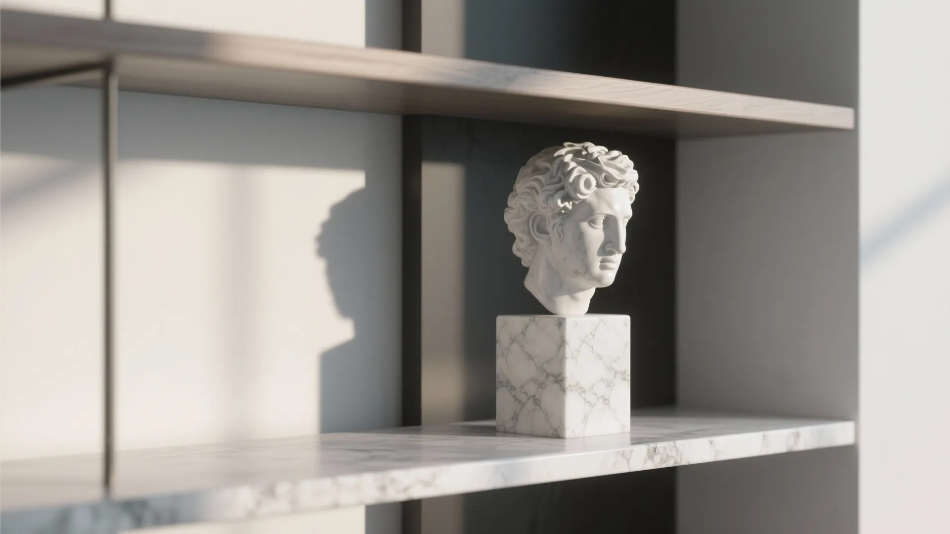 White marble head sculpture sitting on a marble shelf in a bright and sunny room