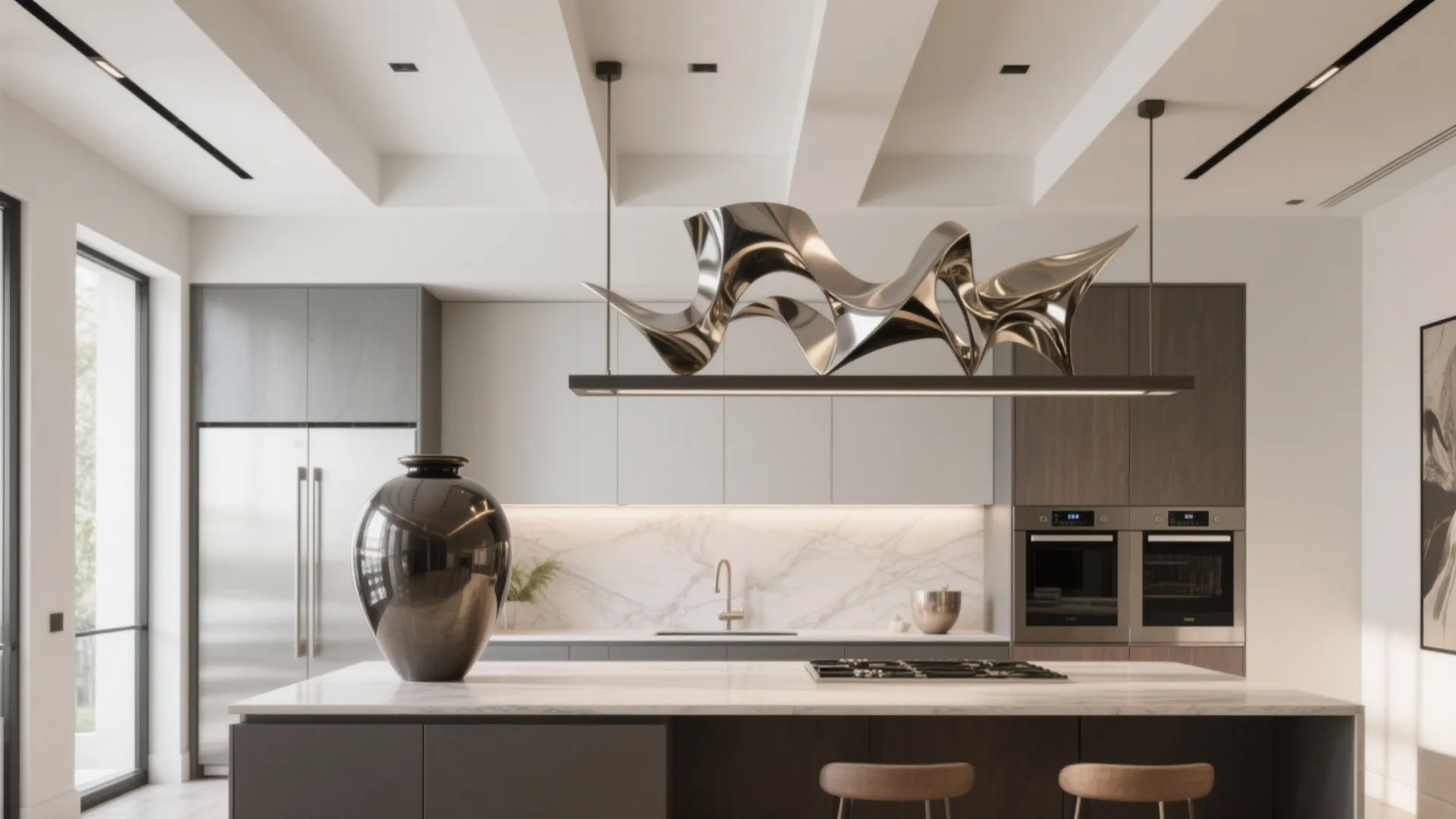 Luxury kitchen with marble island and a large silver sculpture hanging below the ceiling light
