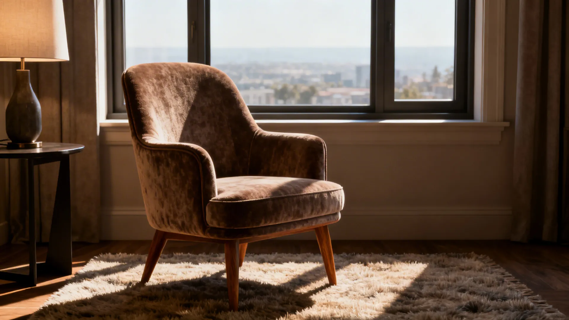 A single armchair before a window, styled with a side table and rug to create a reading nook.