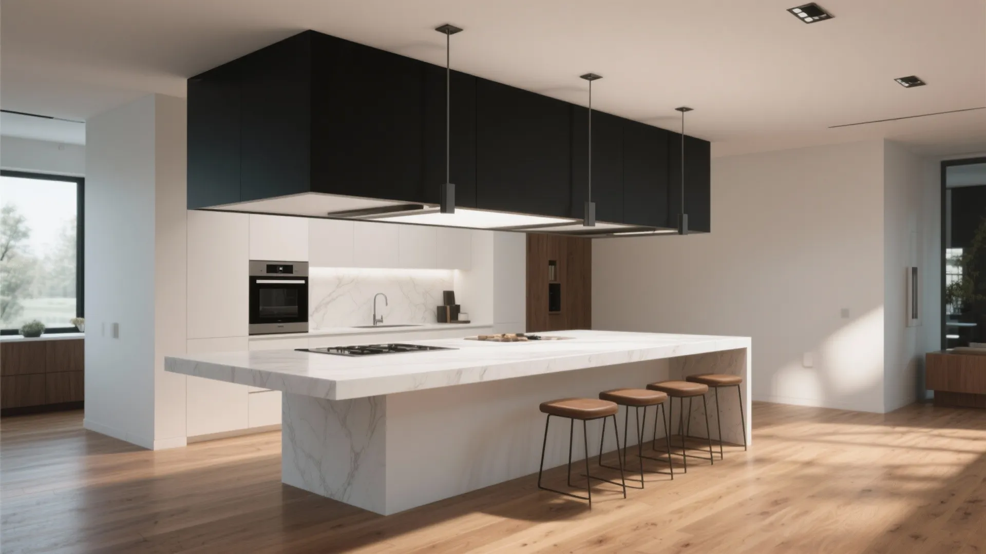 4. Statement Seating: White Counter with Black Overhang