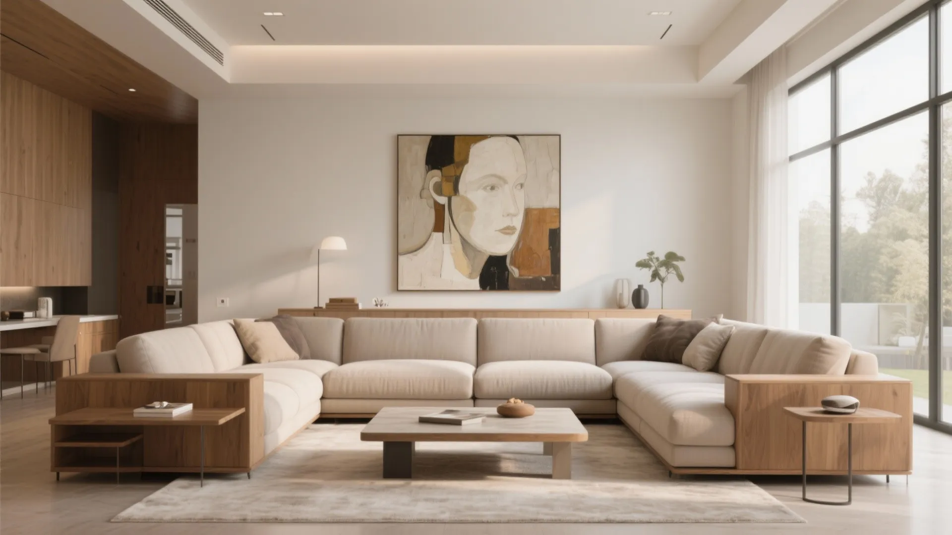 Modern living room with large beige sofa coffee table wall art and wooden cabinet furniture