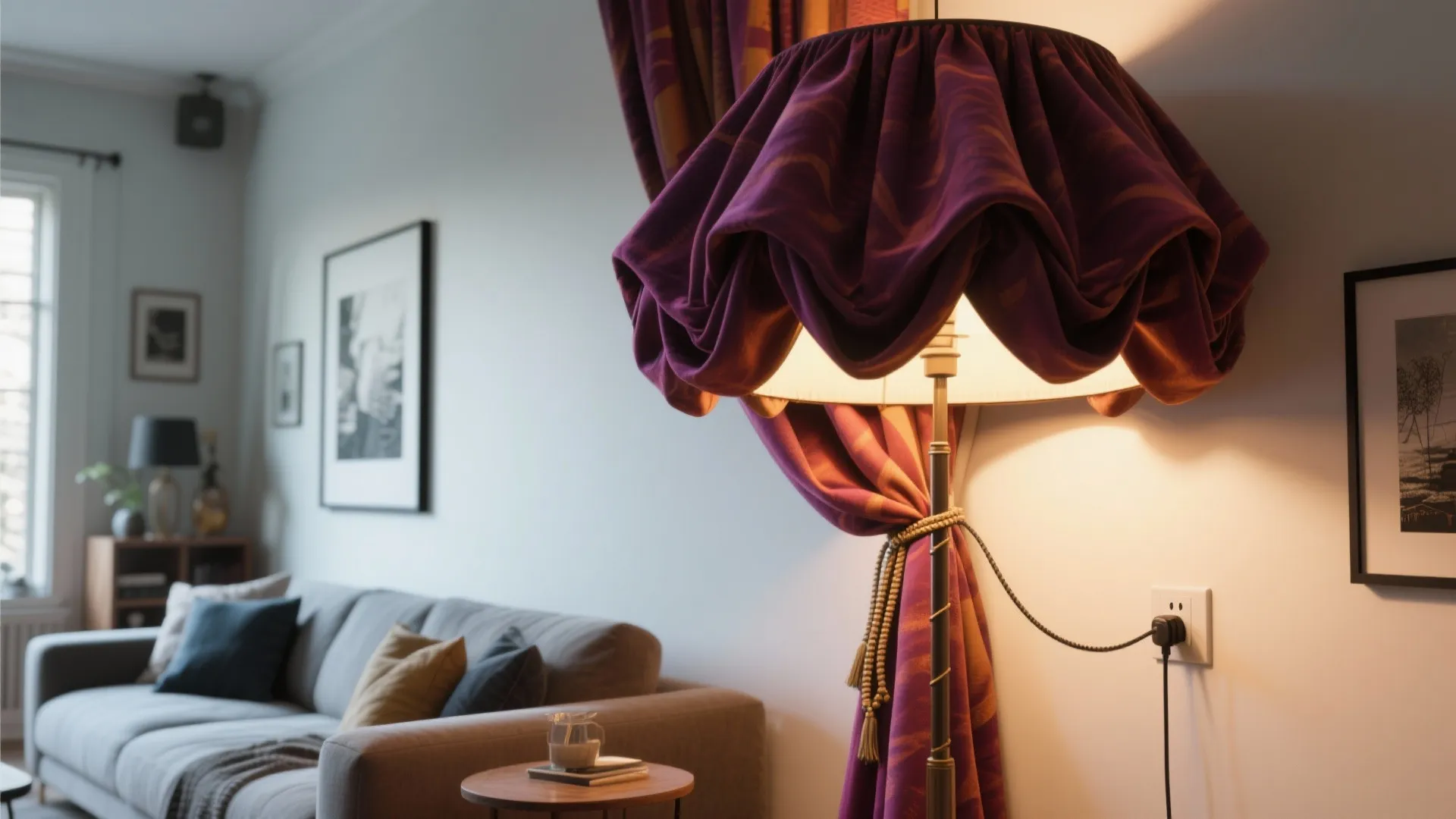Floor lamp with large purple fabric shade in living room with grey sofa and pictures