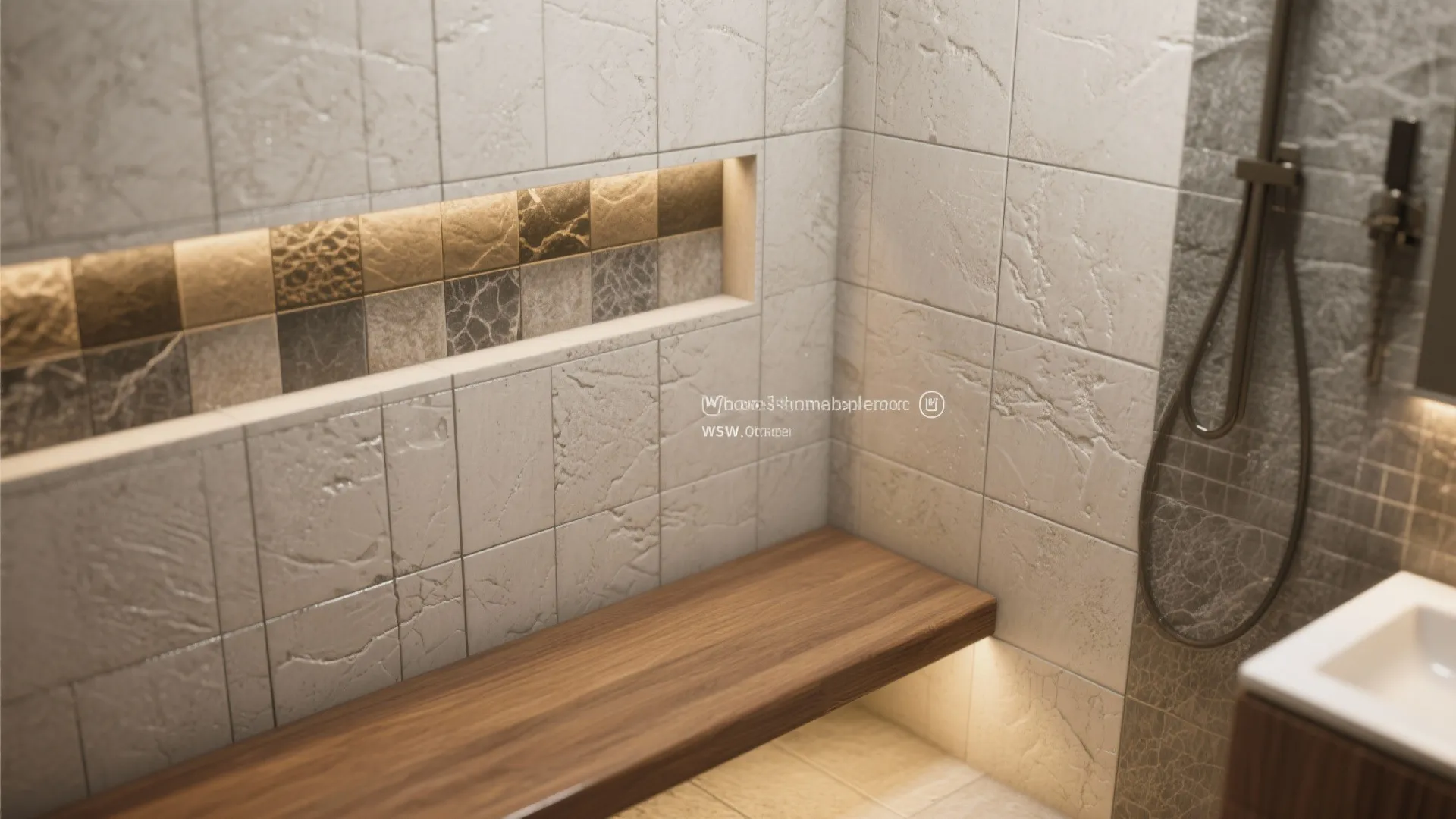 Close-up of large-format shower tiles, grout lines, built-in bench and a recessed niche showcasing material texture.