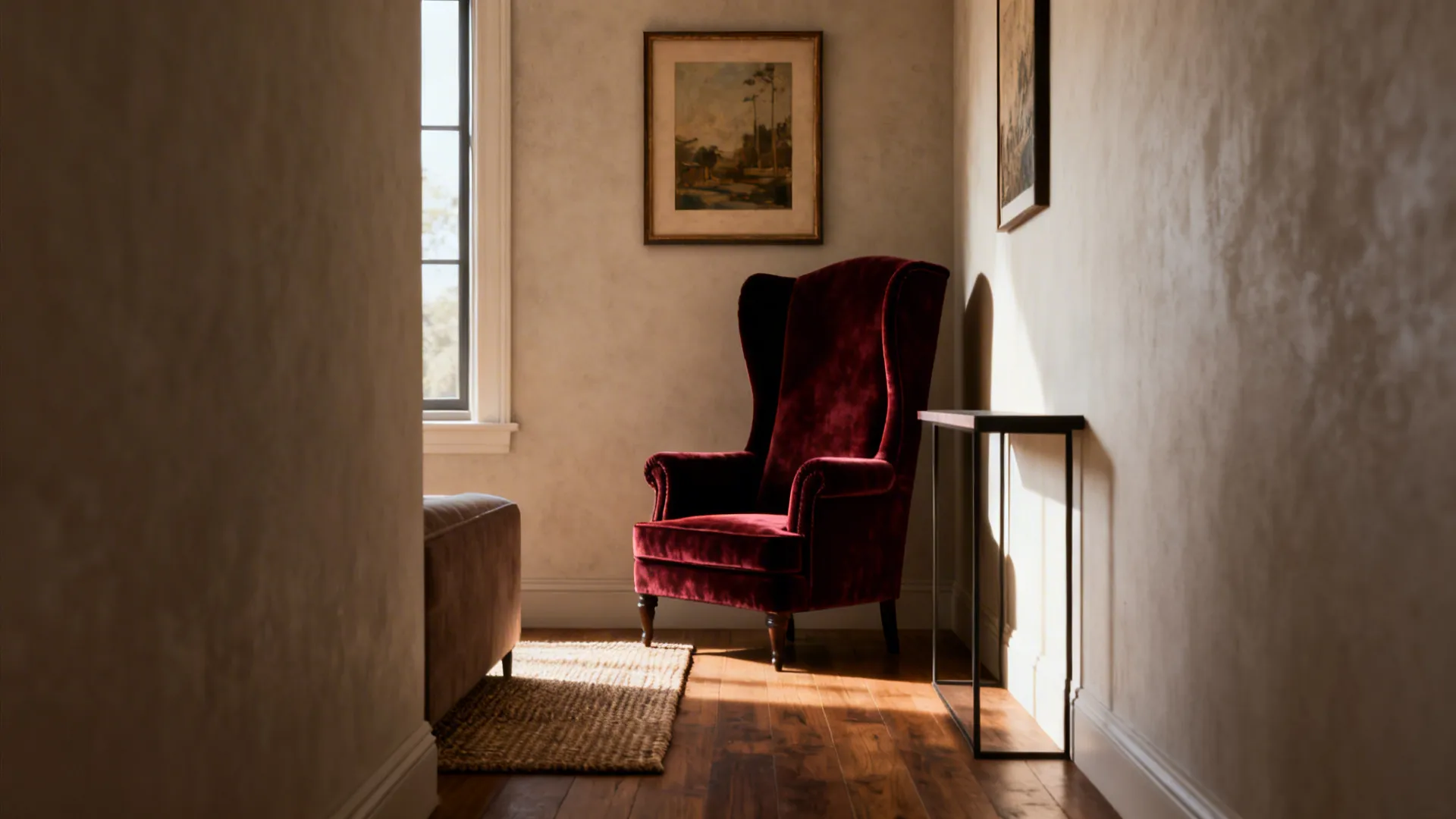 Compact living room corner with a tall velvet high-back armchair as a focal anchor next to a low sofa.