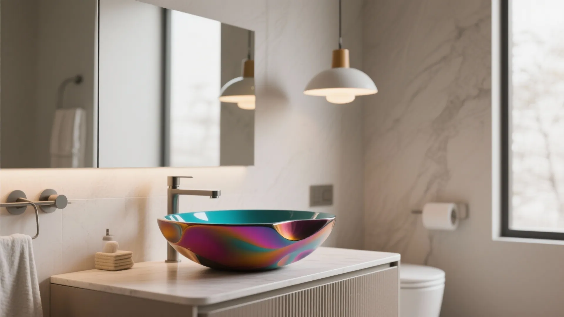 Colorful iridescent washbasin on a marble counter with a white ceiling light and a mirror