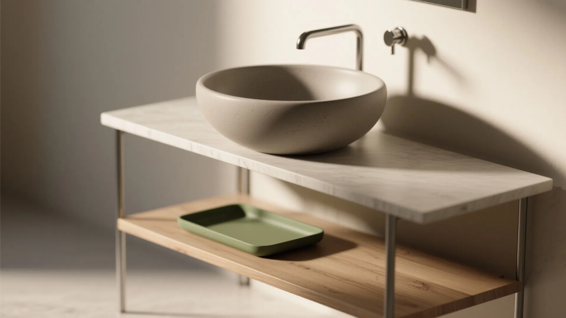 Minimalist round sink sitting on marble top with wooden shelf and simple metal water tap