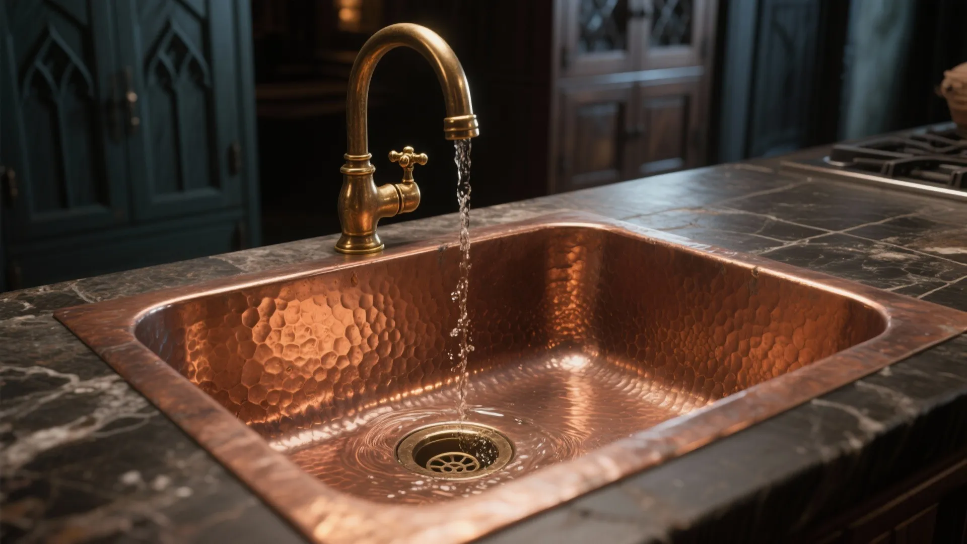 Copper kitchen sink with running water from a gold faucet on beautiful dark marble counter