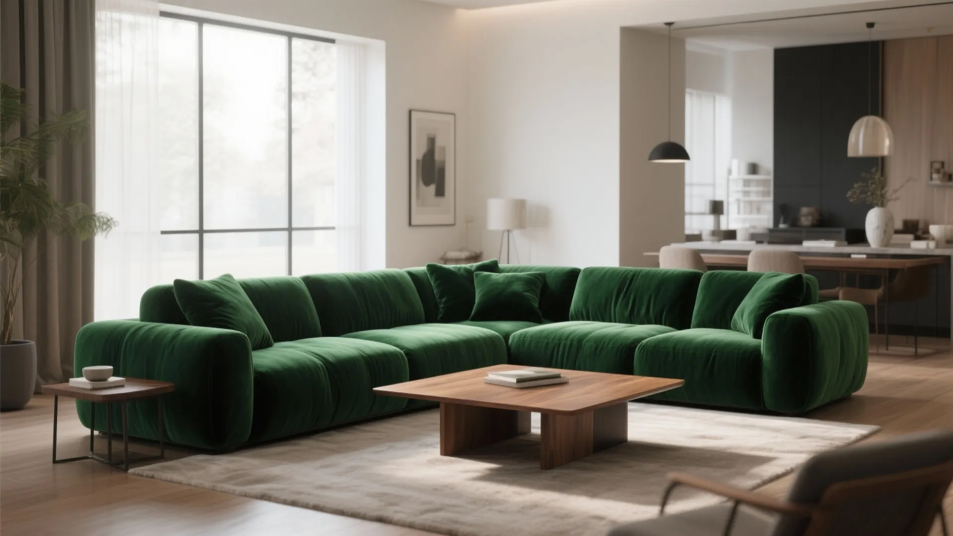 Large green sofa in a bright living room with wooden coffee table and white walls