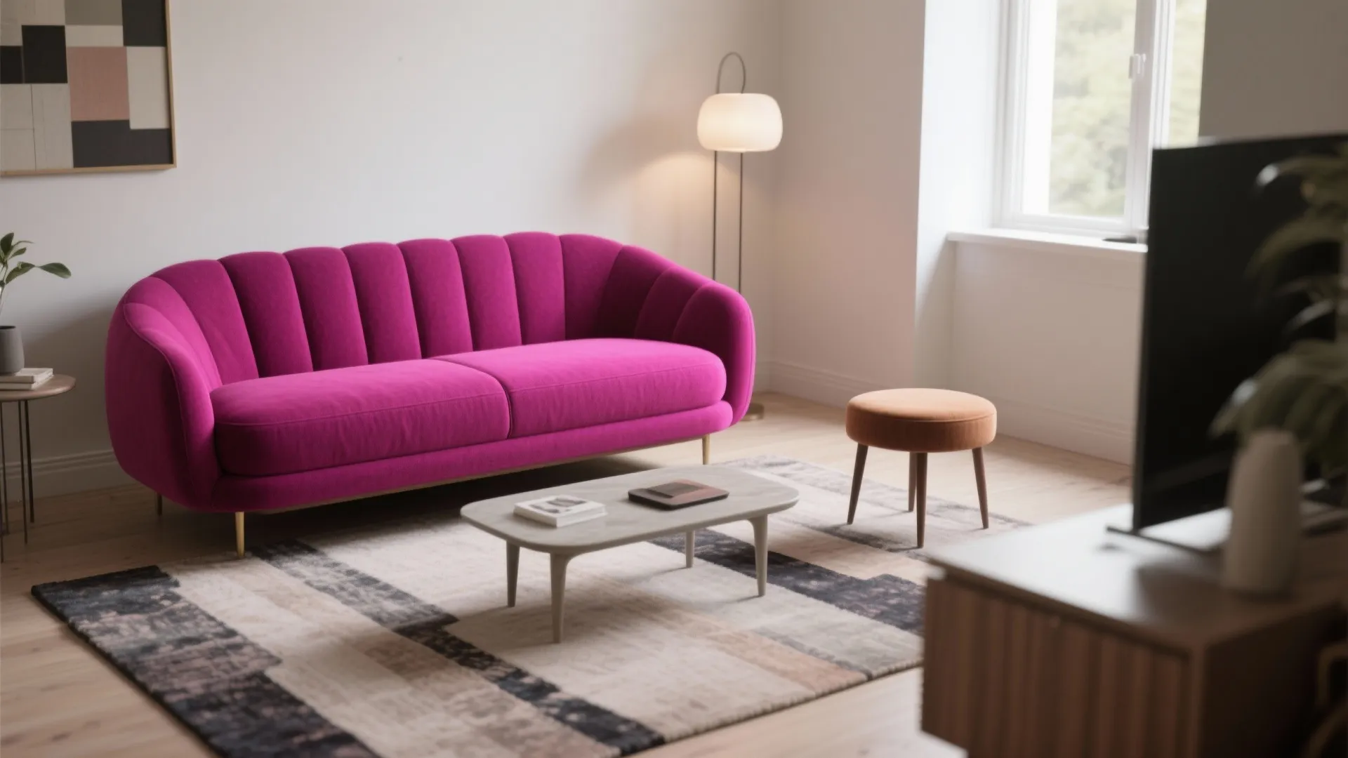 Modern living room with purple sofa coffee table footrest patterned rug floor lamp and television