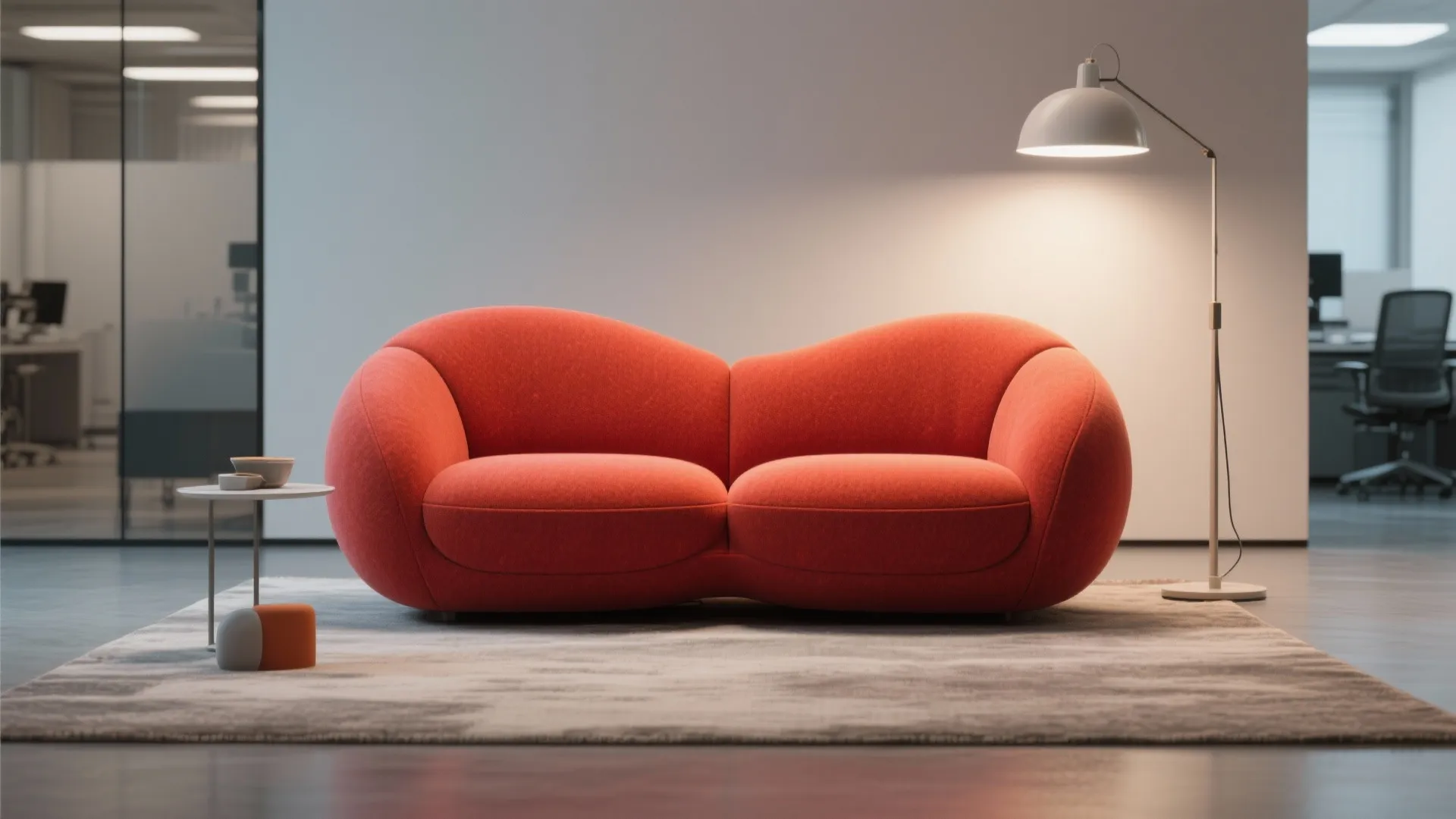Bold sculptural two-seater sofa in a bright accent color used as a photo-ready backdrop in an office.