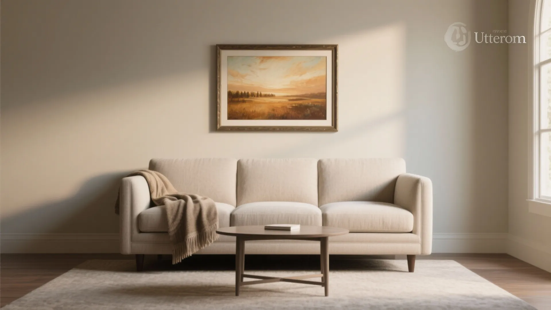 Compact sofa with a single warm-toned Uttermost painting sized proportionally above it, creating a cozy focal point.