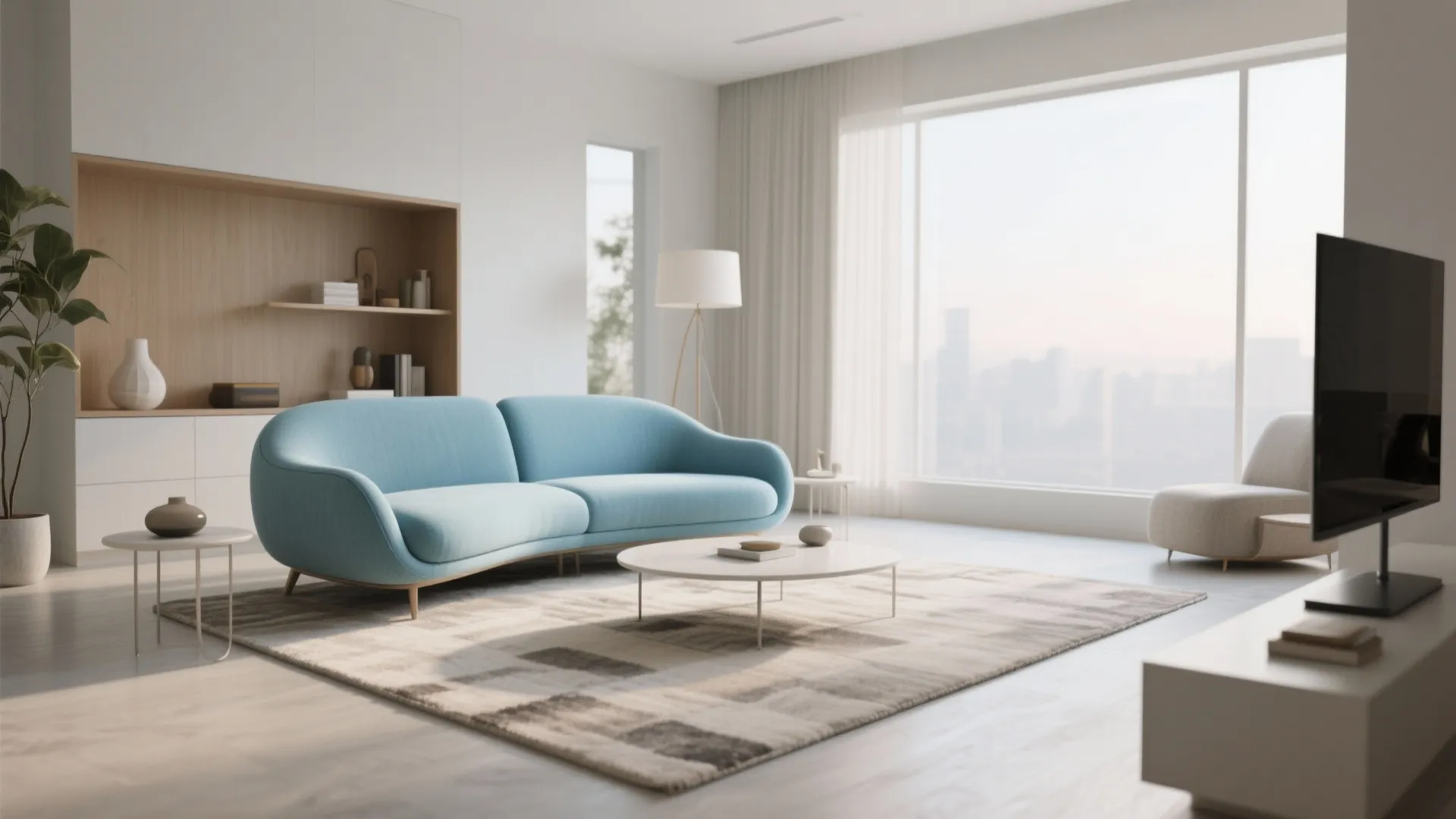 Mid-century sofa in robin's egg blue as a focal point
