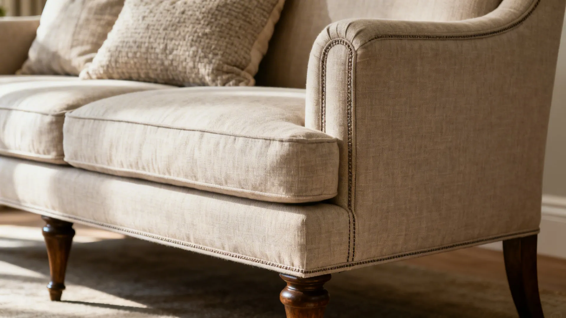 Close-up of a high-back sofa in neutral linen with textured pillows and wooden legs.