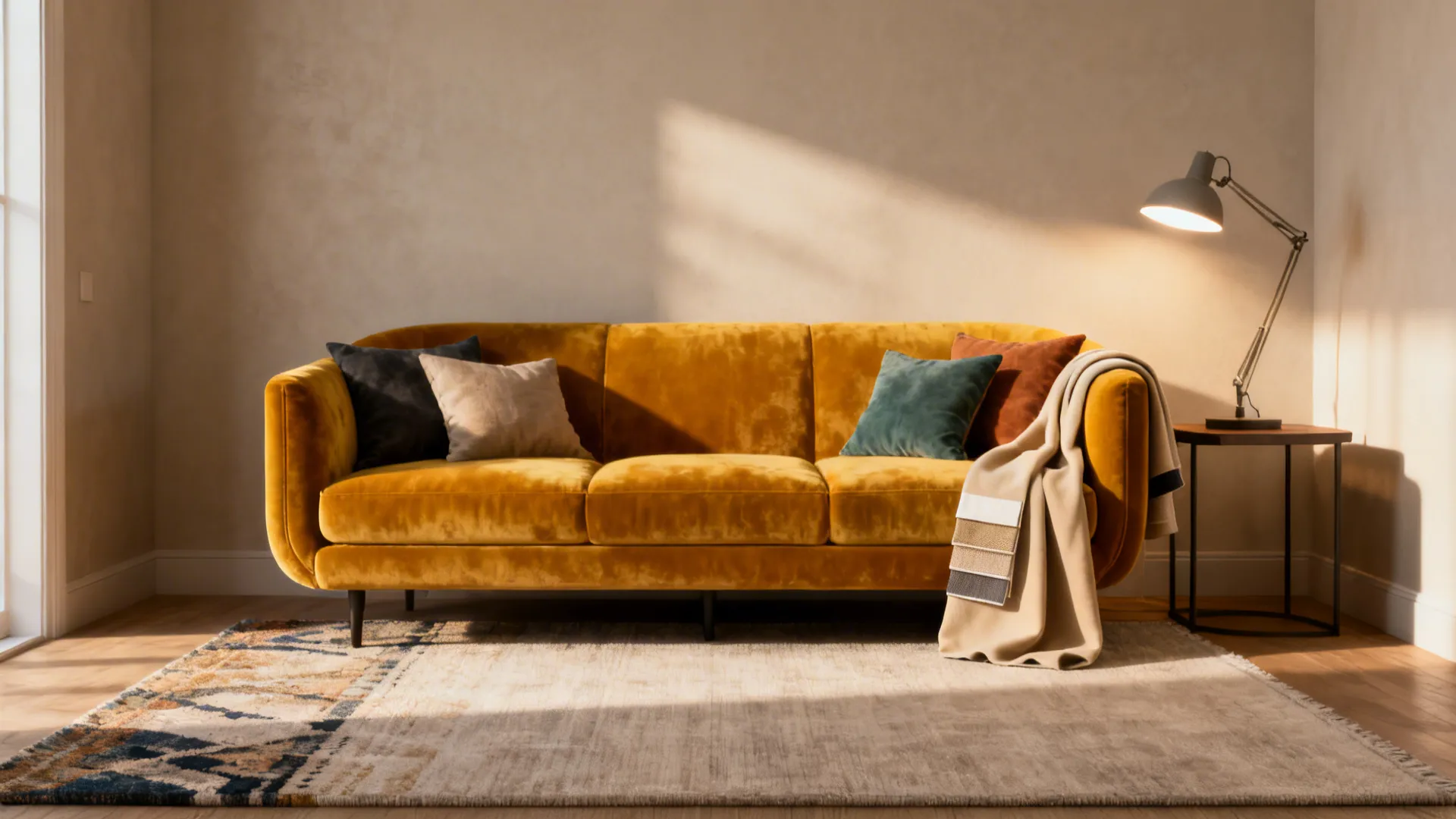 Small living room centered on a mustard velvet statement sofa with neutral rug and layered cushions.