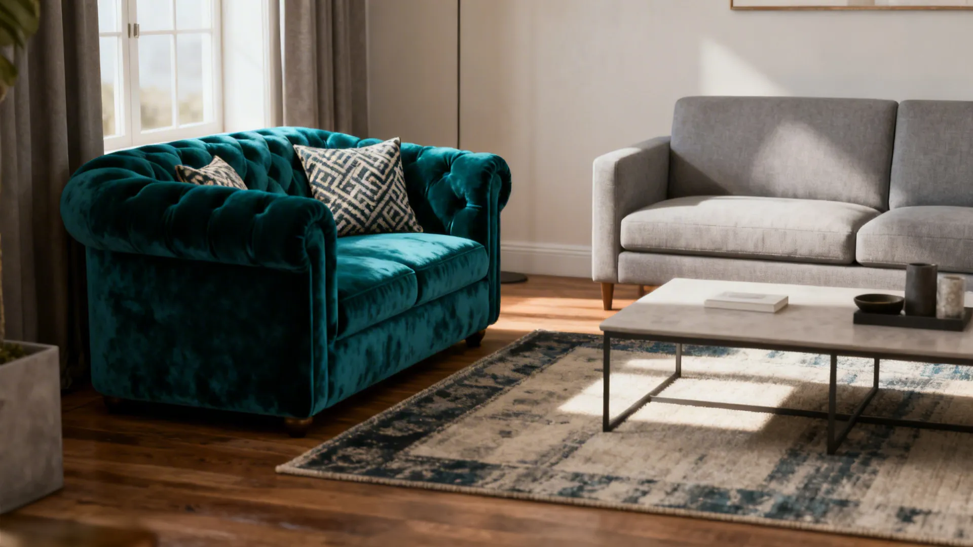 Small living room with a bold teal statement sofa paired with a neutral gray sofa.
