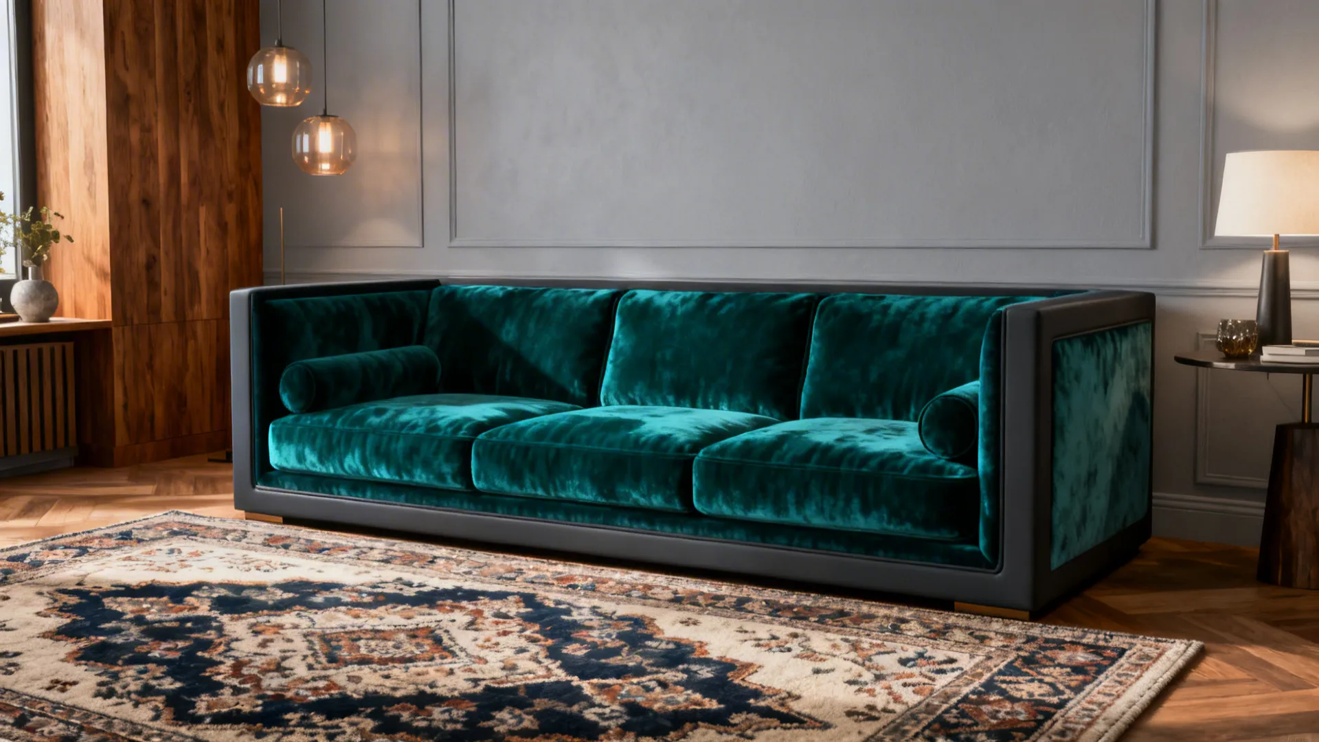 Teal velvet sofa and patterned rug anchored in a room with light grey walls and dark trim