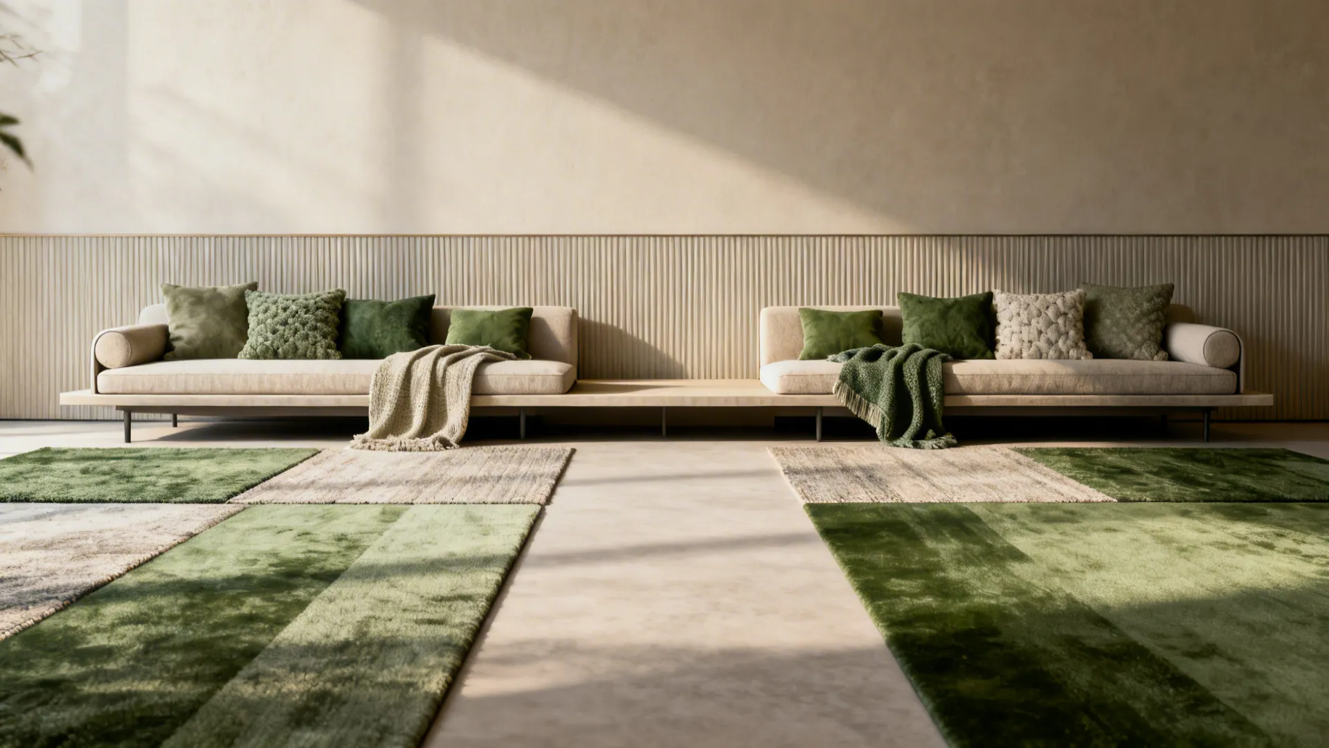 Two slim loveseats with layered rugs and cushions creating a curated look against a long living room wall.