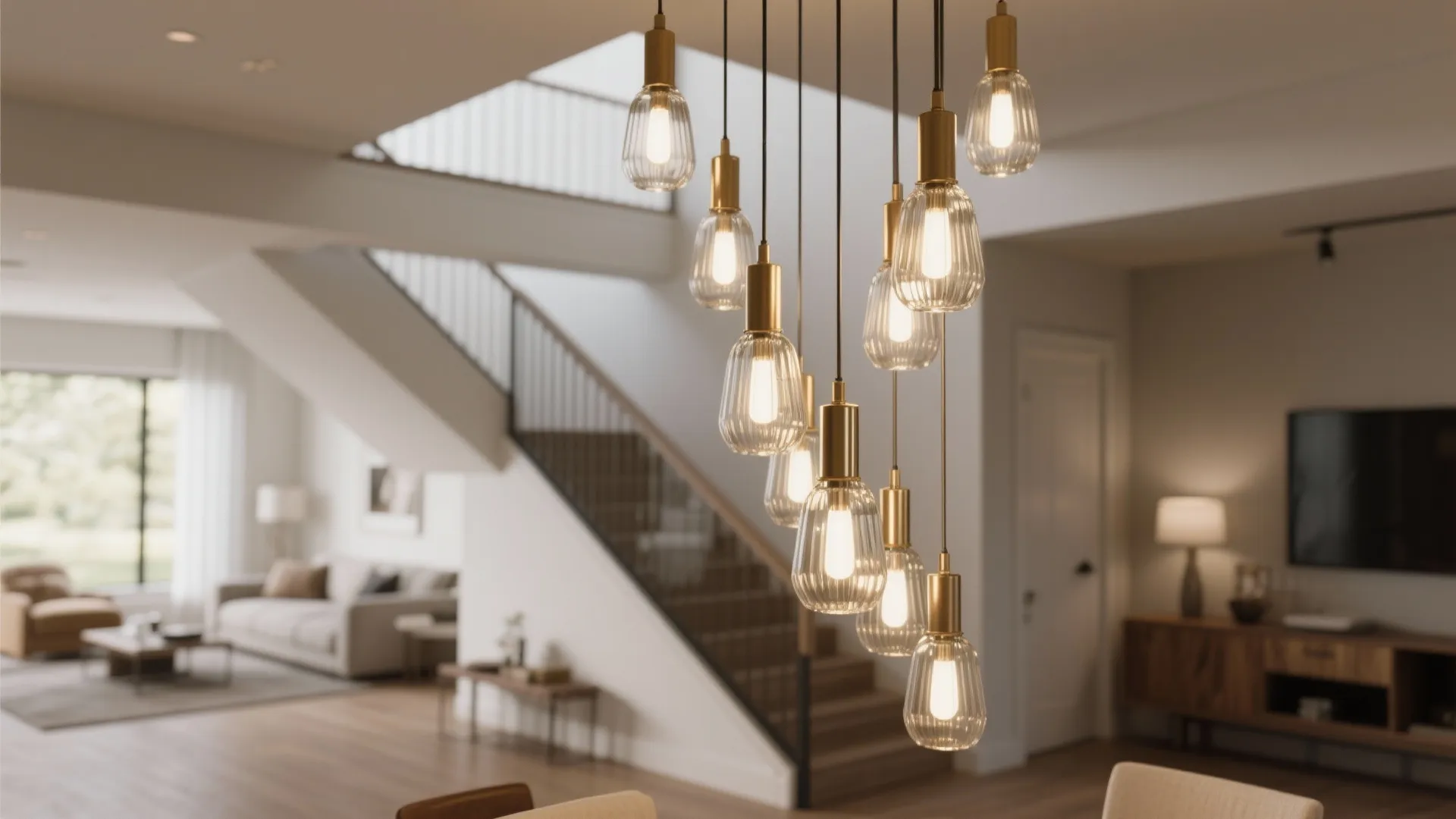 Group of hanging glass ceiling lights in a modern house with stairs and living room background