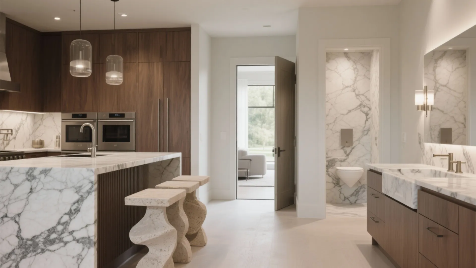 Modern kitchen and bathroom view with marble island stone wall wooden cabinets and ceiling lights