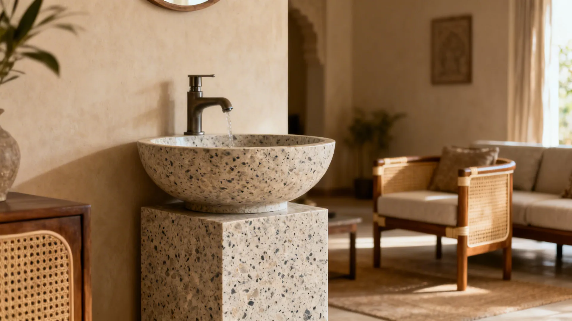 Terrazzo or Kota stone statement basin as a sculptural piece in a living room.