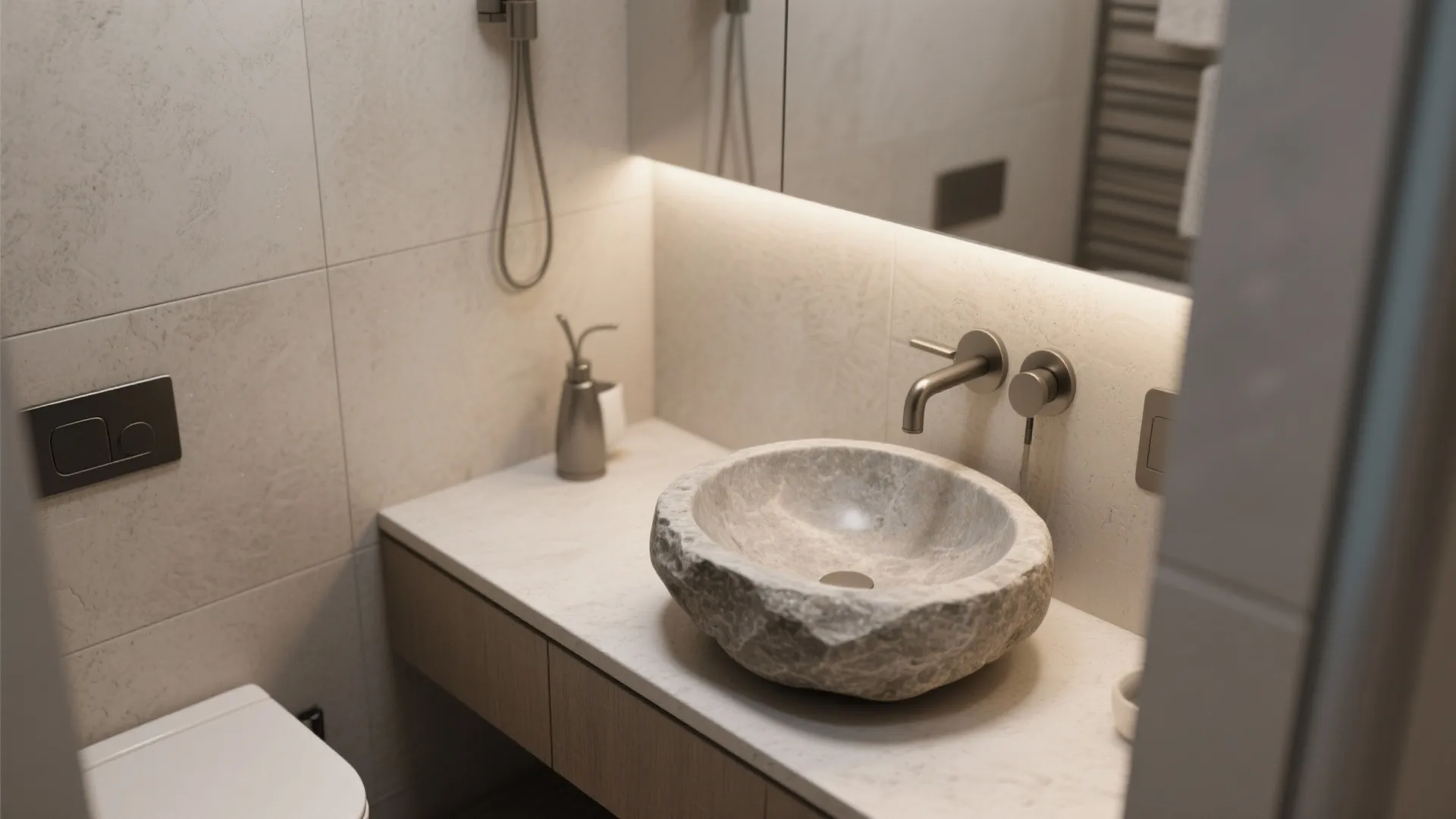 Modern bathroom featuring a natural stone sink bowl on white counter with a wall faucet