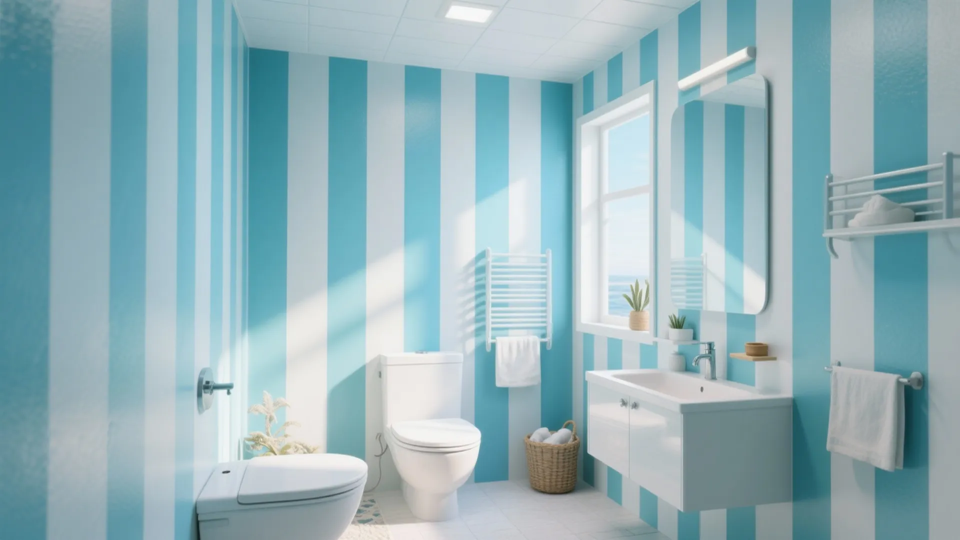Bright bathroom interior featuring blue and white striped wall tiles with white sink and toilet