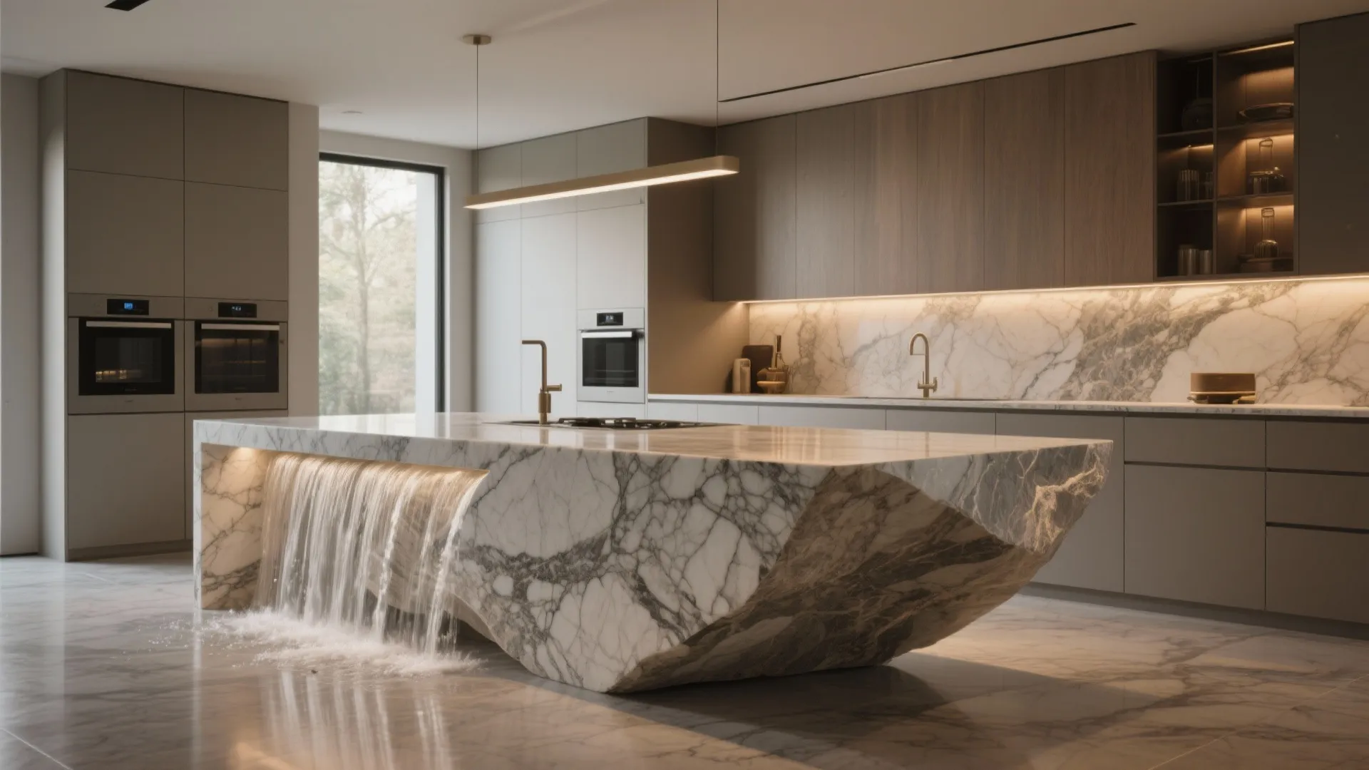 Luxury kitchen featuring a dramatic waterfall stone island slab with bold veining and minimalist cabinetry.