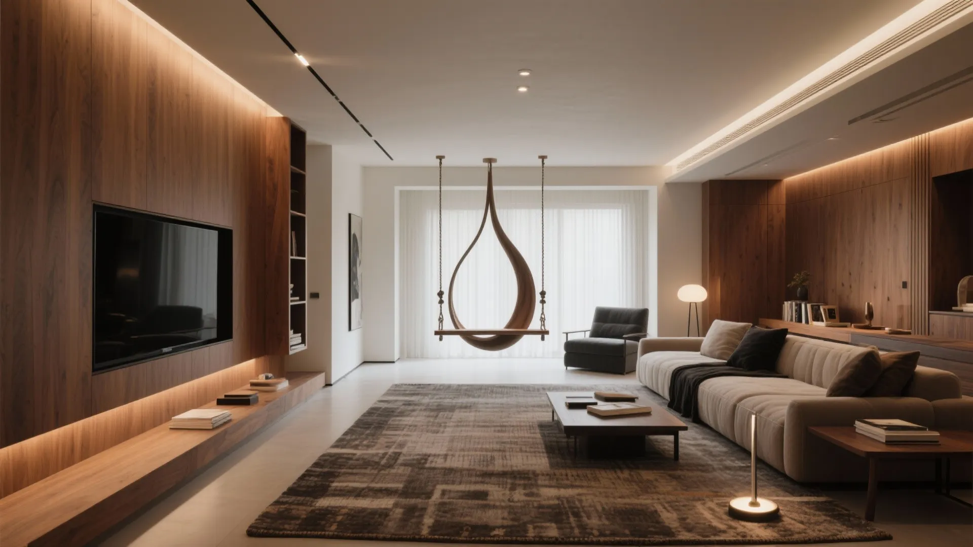 Modern living room with dark wood wall panels beige sofa large rug and wooden swing