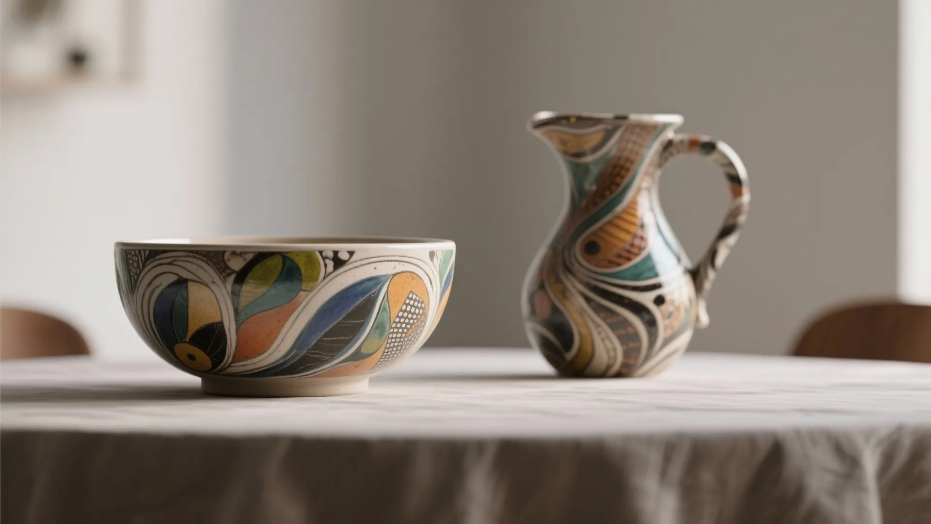 Ceramic bowl and matching jug with colorful hand painted patterns on a white table cloth