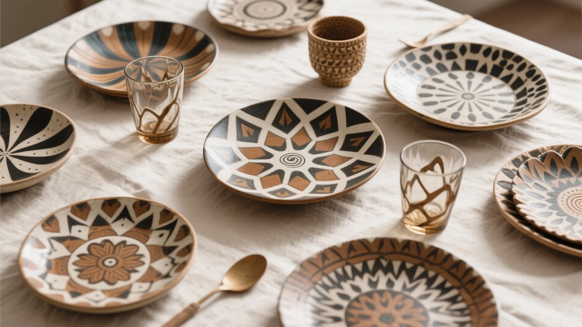 Dining table setting with patterned plates brown drinking glasses gold spoon and white linen tablecloth