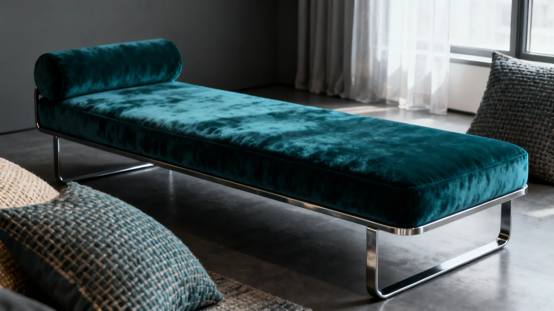 Slim-profile deep teal velvet chaise as a bold focal point in a minimalist apartment.