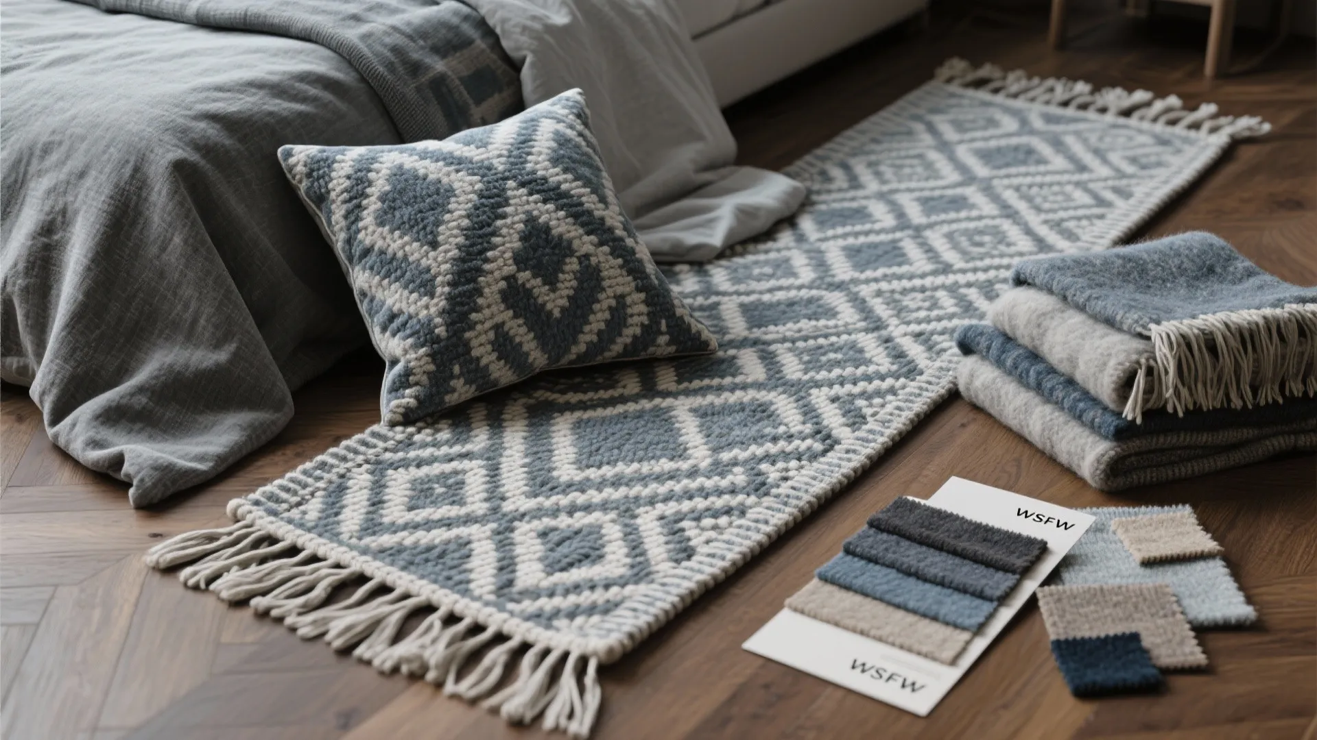 Flatlay of handwoven runner, patterned cushion and wool throw in slate and muted blues