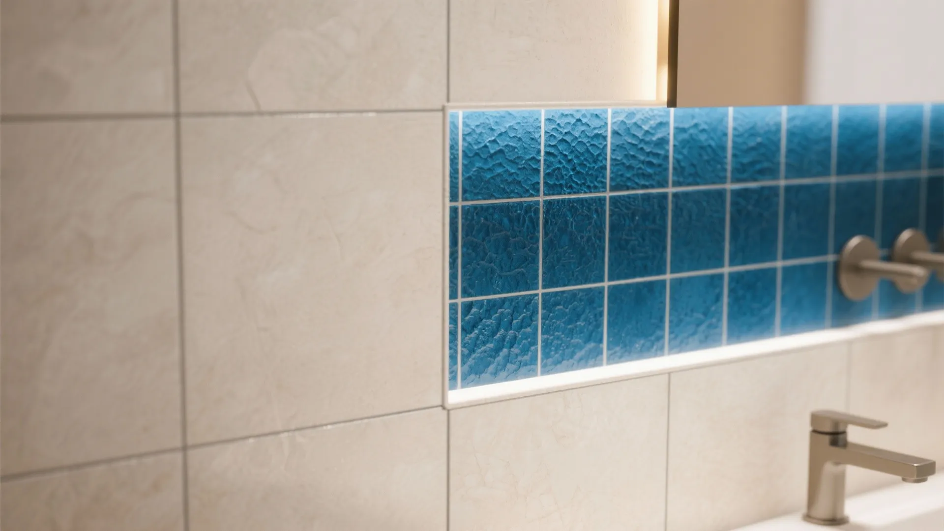 Close up of blue wall tiles with textured glass finish next to beige ceramic bathroom tiles