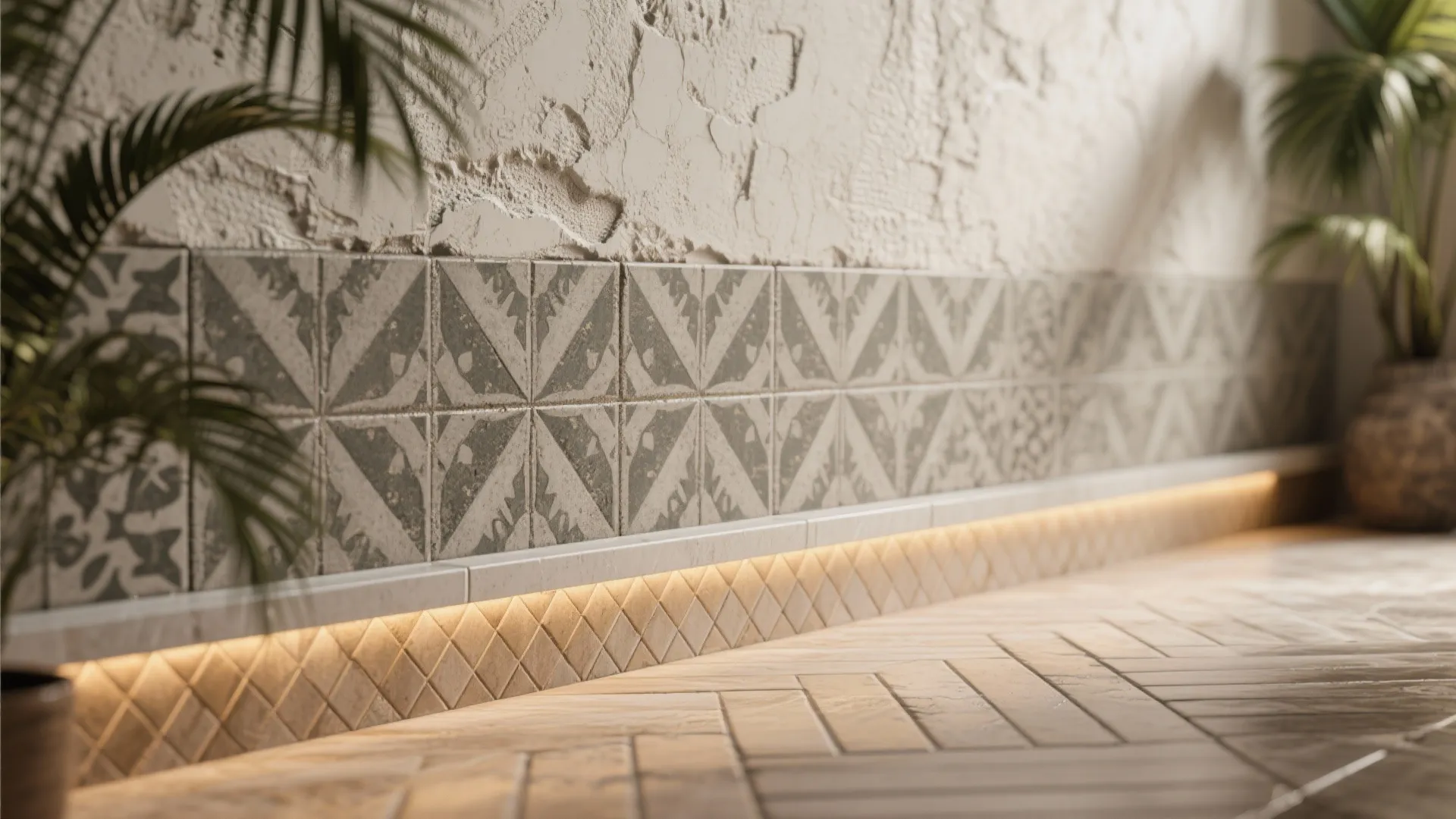 Patterned wall tiles below textured plaster with warm light strip and light colored wooden floor