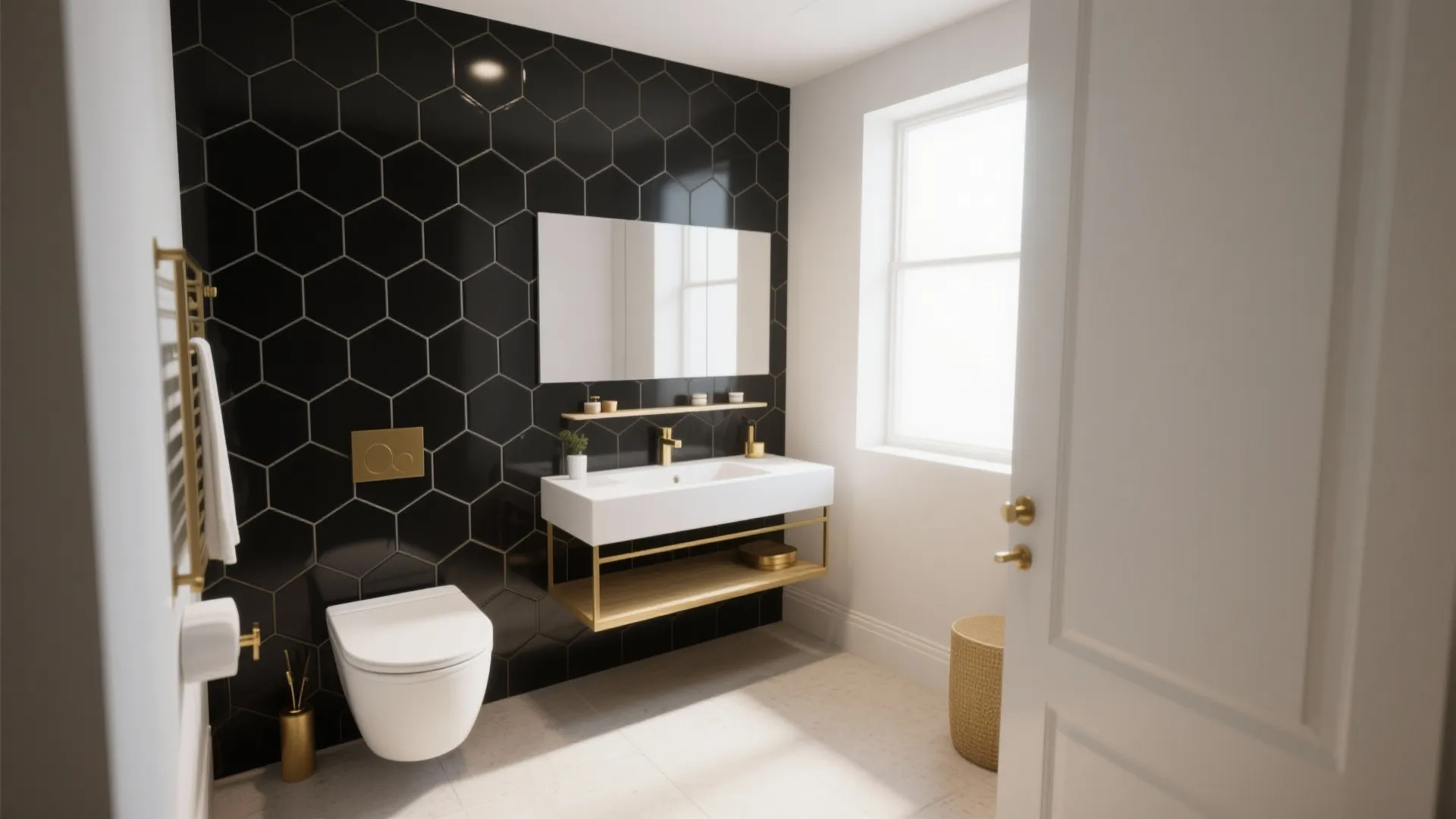 Bathroom design with black hexagon wall tiles gold fixtures white toilet and floating white sink