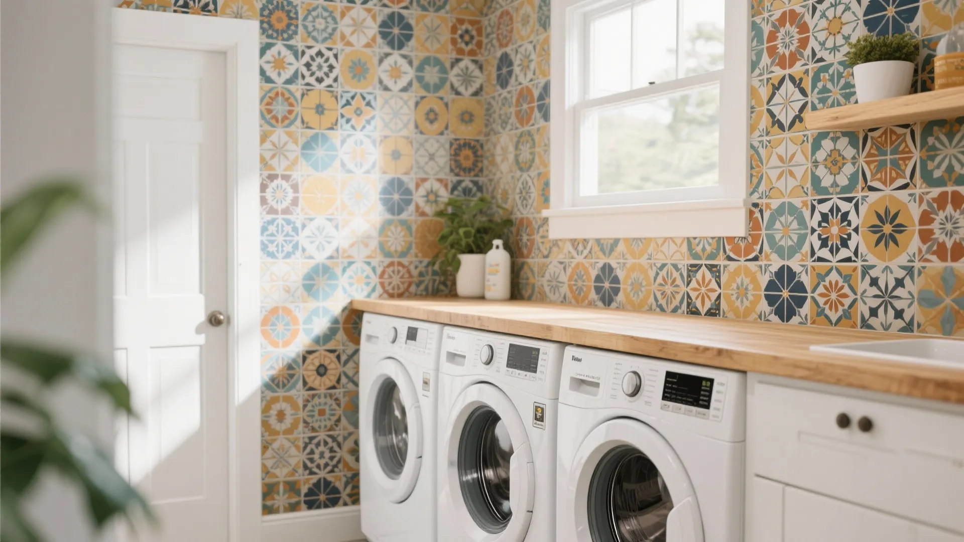 Laundry room with colorful pattern wall tiles wood countertop white washing machines and bright window light