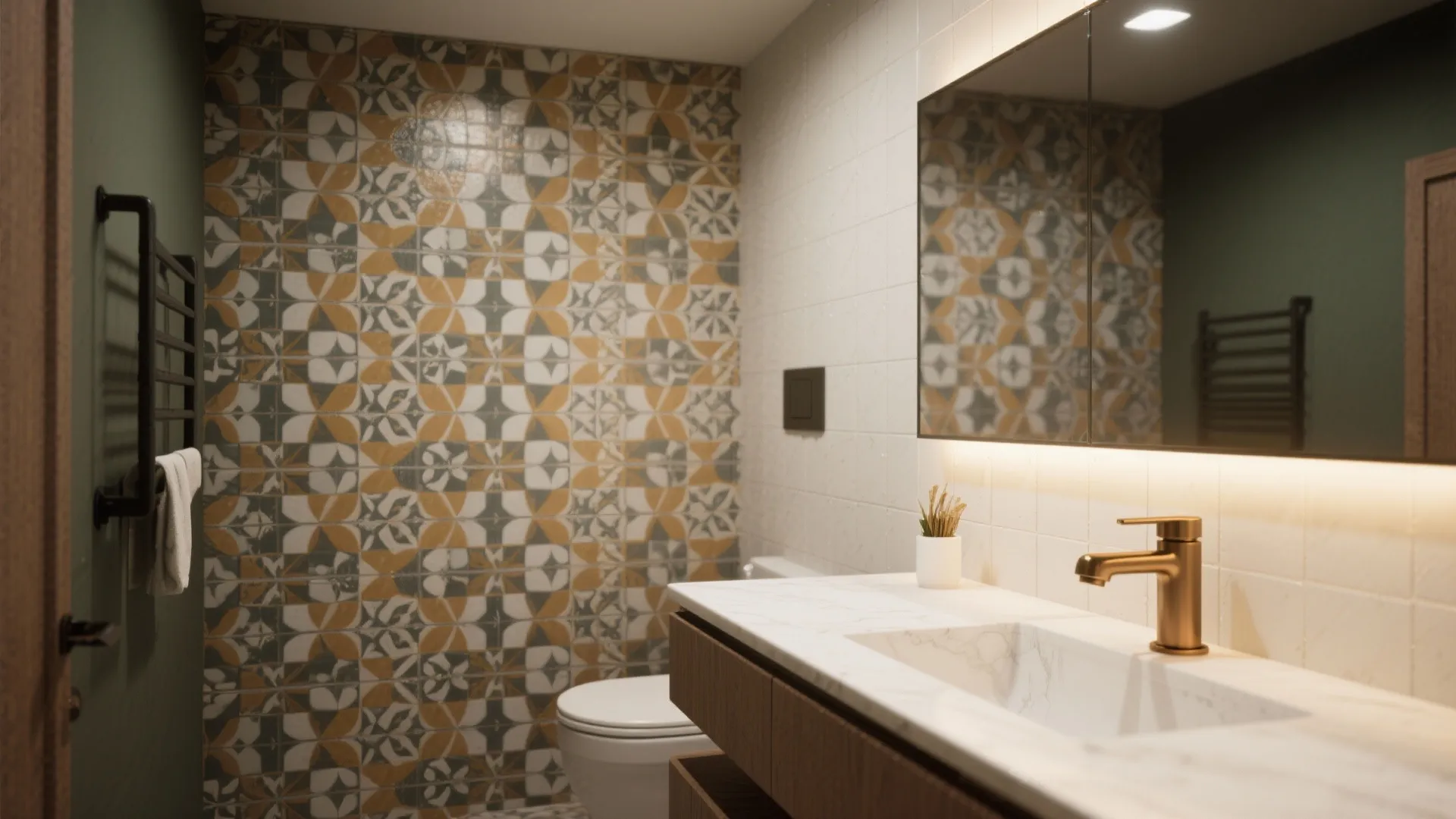 Modern bathroom featuring pattern wall tile design wooden vanity white marble sink and gold water tap