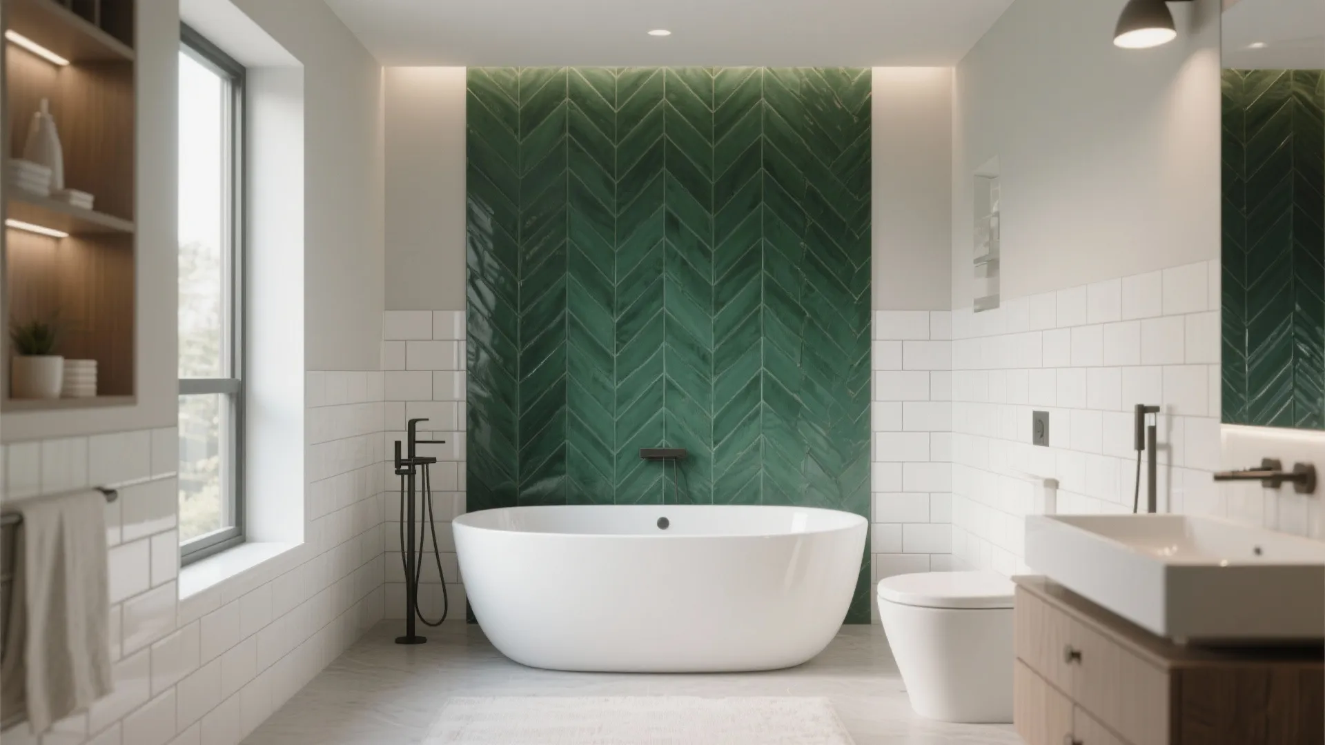 Modern bathroom with green tile wall behind white bathtub with toilet sink and large window