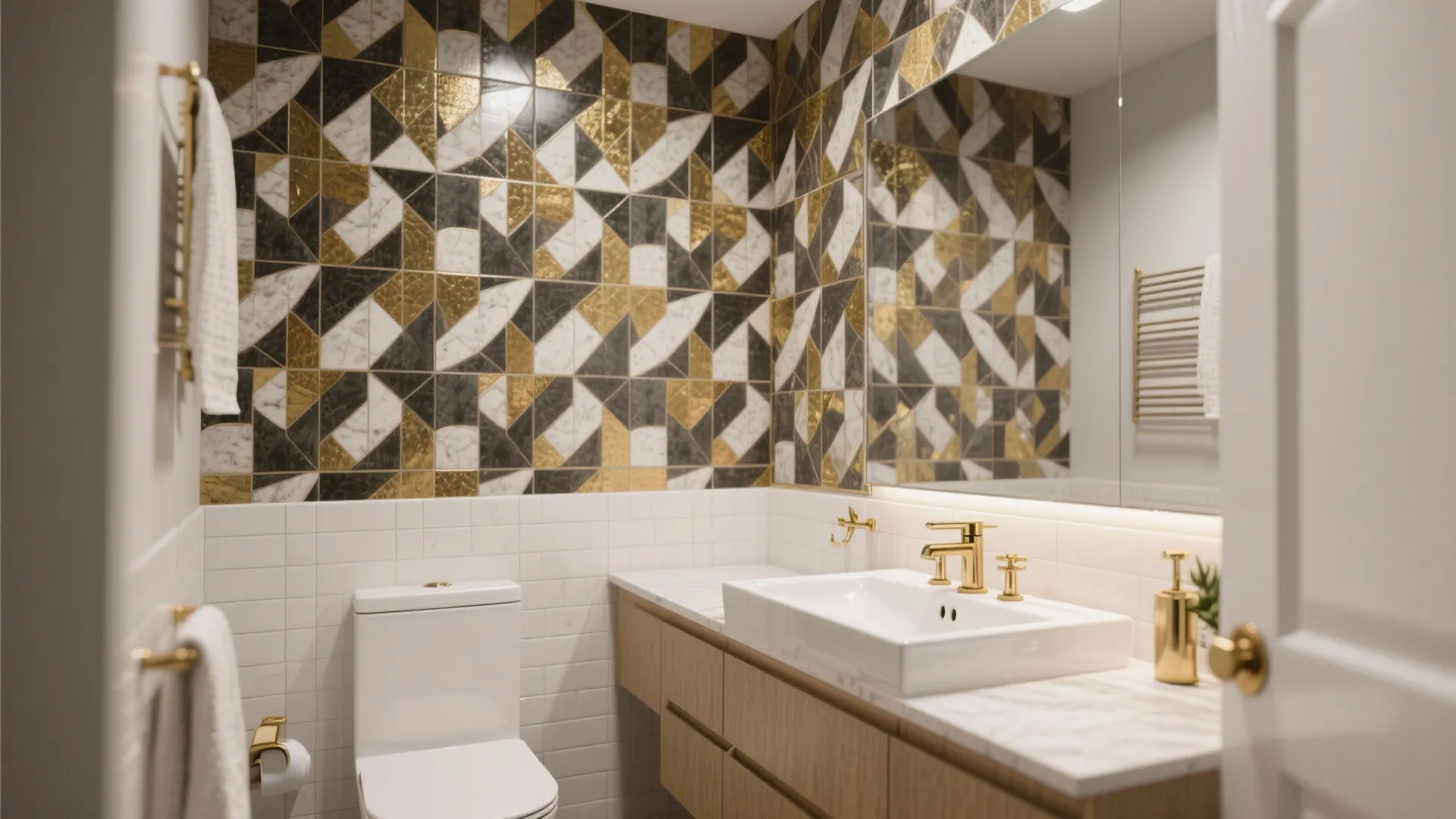 Small bathroom with bold geometric statement tile wall